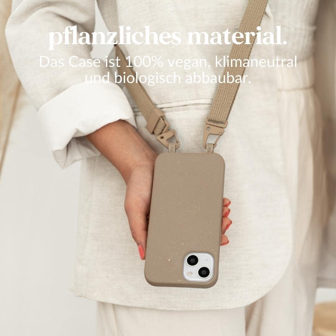 Nachhaltige iPhone 14 Plus Handykette mit Gurt, Taupe + Lanyard
