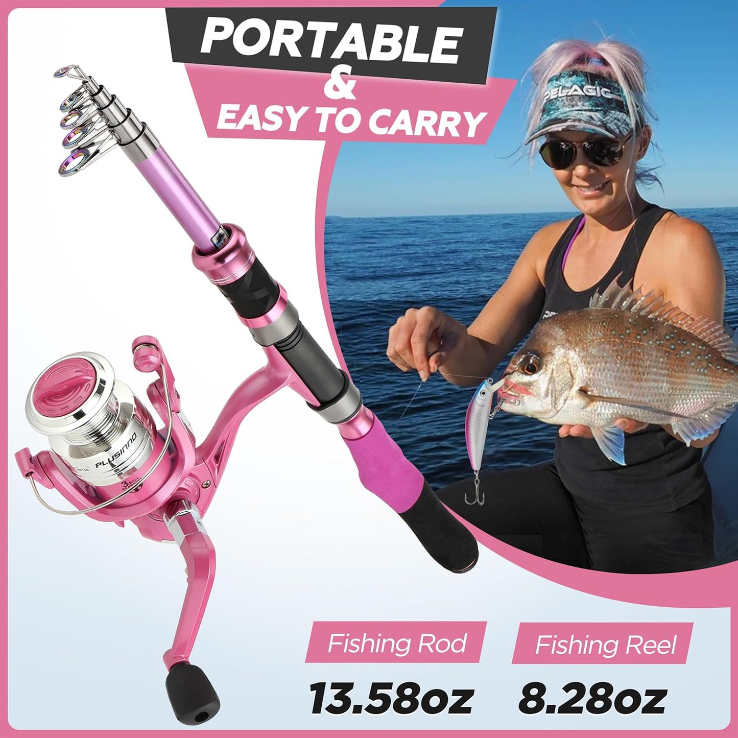 Teleskop-Angelrute und -rollen-Set, Rosa 2.1M 6.86Ft fishing full kit