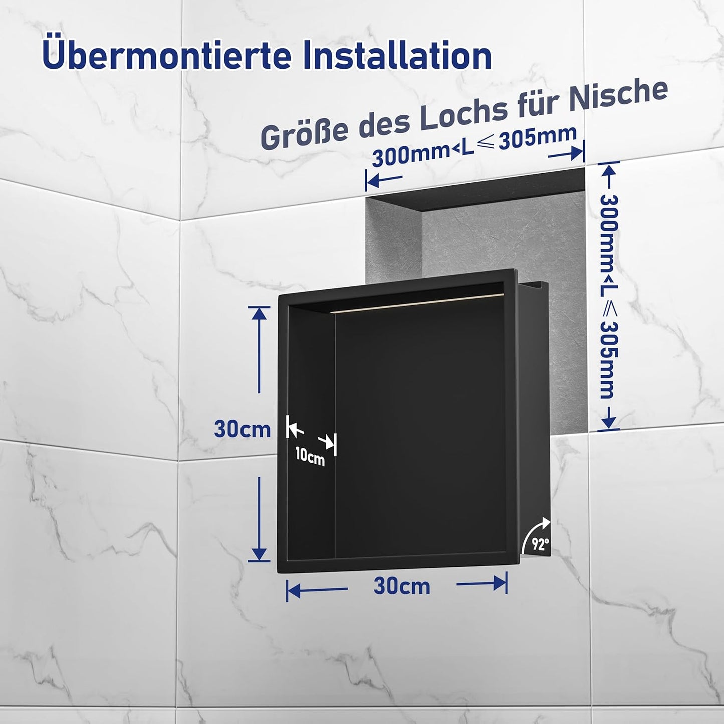 Wandnische Dusche mit LED-Licht, Edelstahl, 30x30 cm, Schwarz 30 x 30 x 10 cm