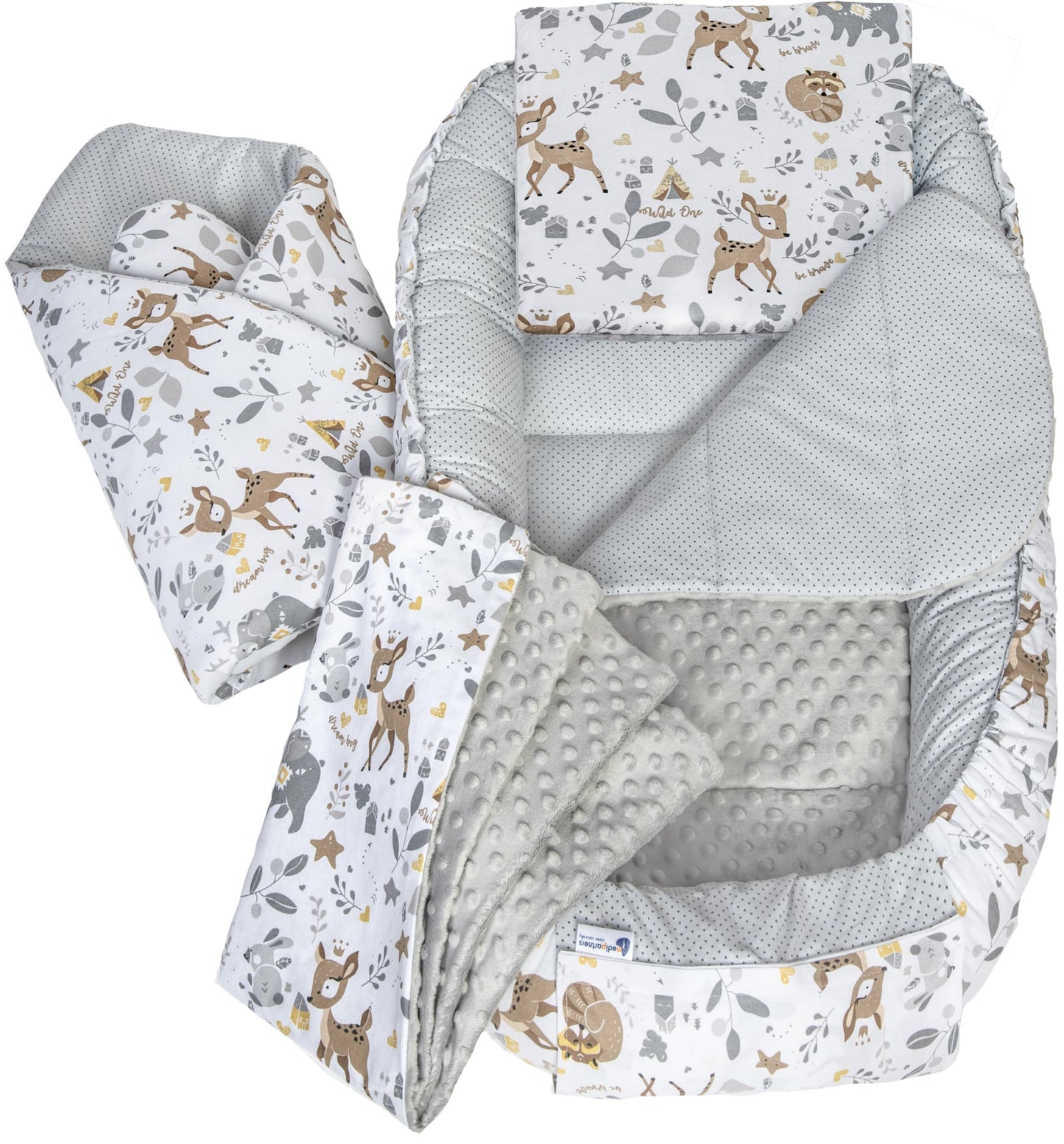 5-teiliges Babynest-Set, Reh mit Grauem Minky