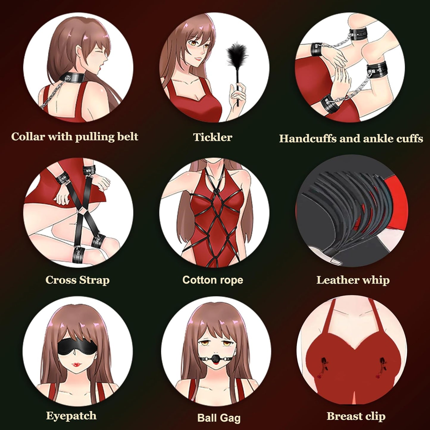 16-teiliges BDSM Set mit Federpeitsche und Augenmaske, Schwarz-16 Stück