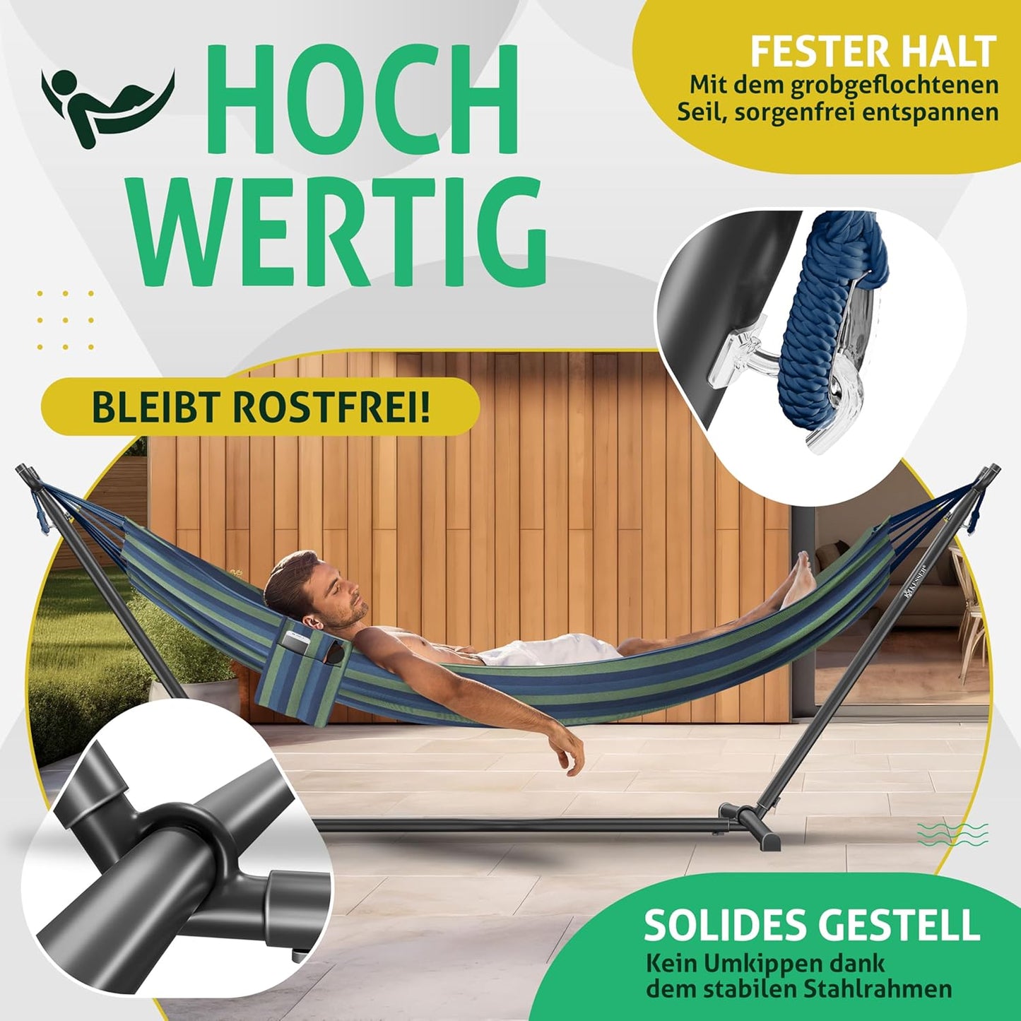 Hängematte mit Gestell für 2 Personen (200kg), Blau