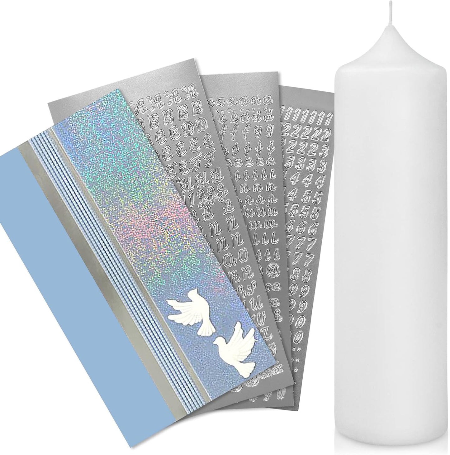 Taufkerze Bastelset mit Wachsmotiven und Buchstaben, Blau mit Taube Kerze 25x7 cm | Weiss