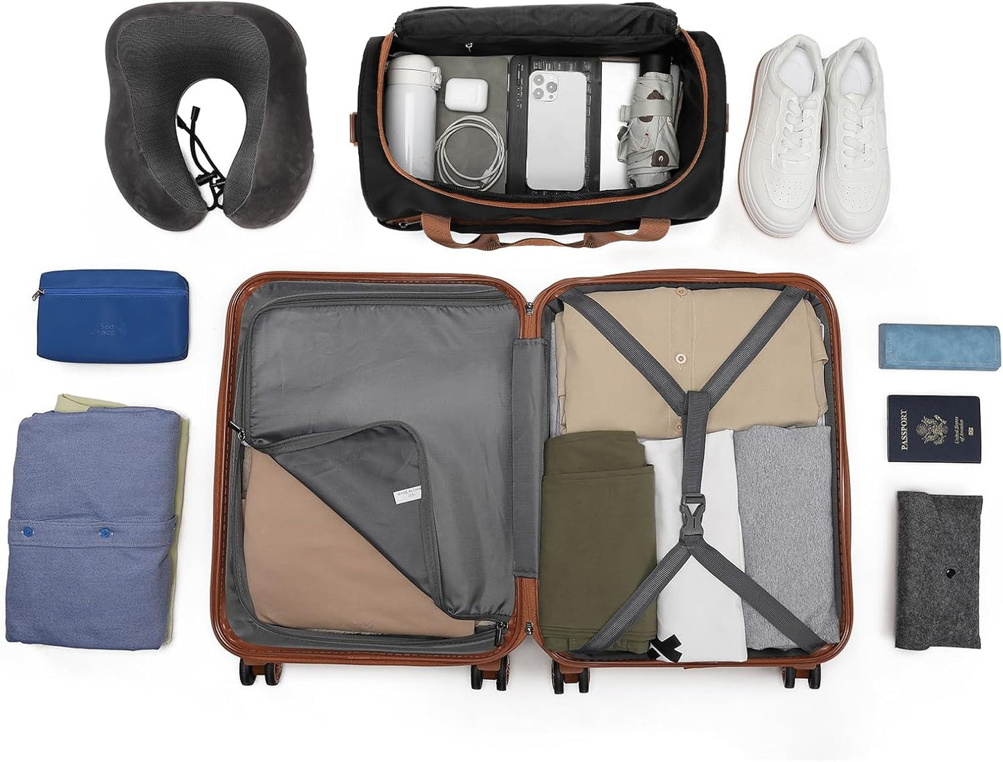Reisekoffer-Set mit Ryanair-Tasche, Schwarz/Braun 65cm Gepäck-Sets
