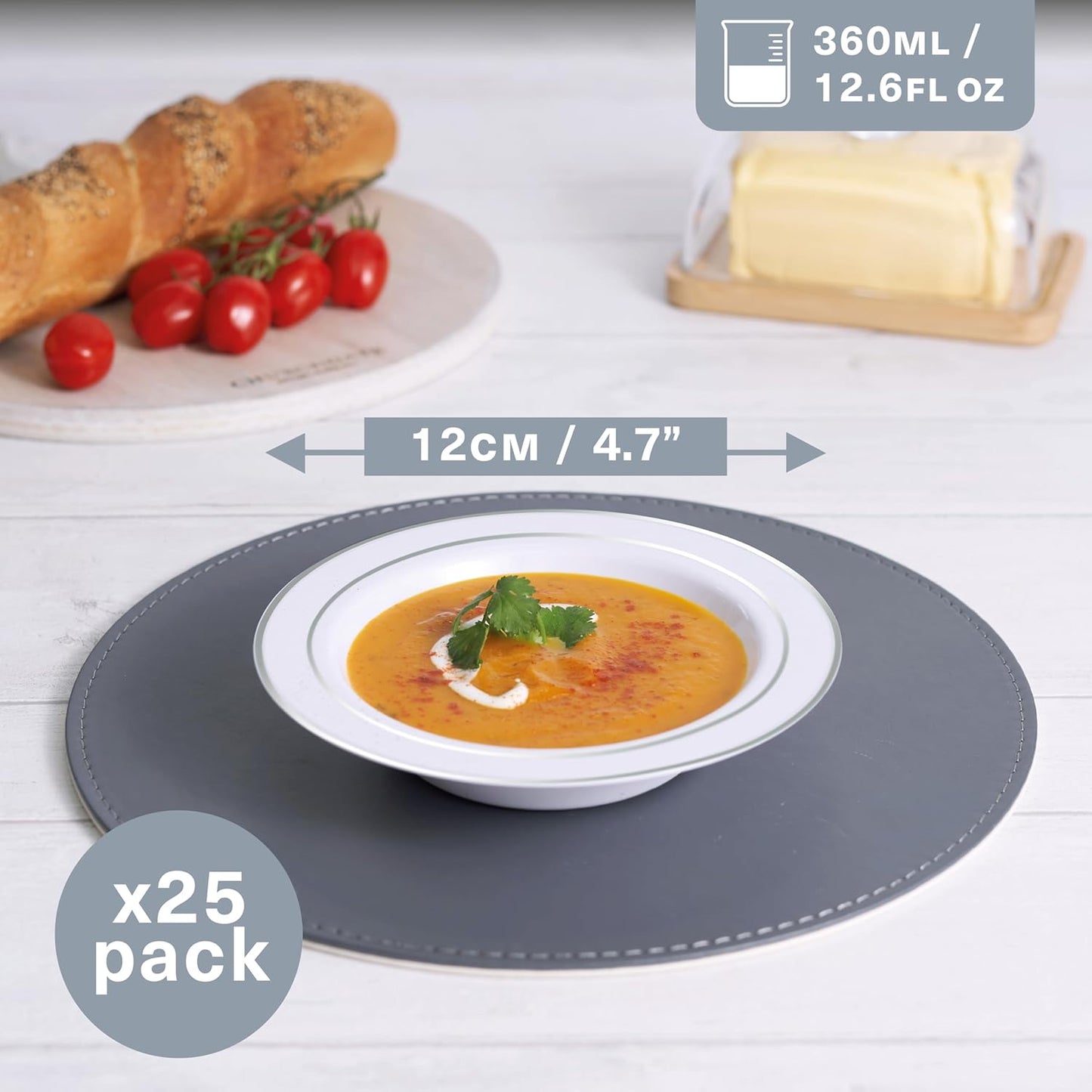 25x Suppenteller mit Silbernem Rand, 360 Ml Silberne Schüssel 25 Stück