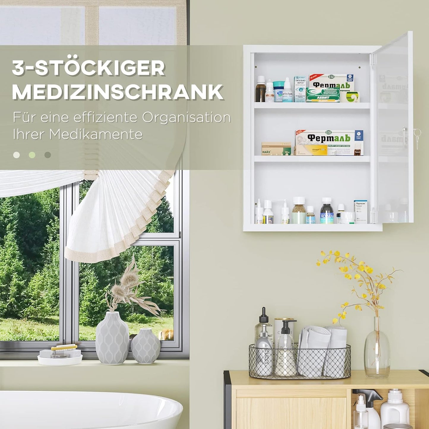 Medizinschrank mit einer Tür, drei Ebenen und Schloss, 40L x 15B x 53,5H cm