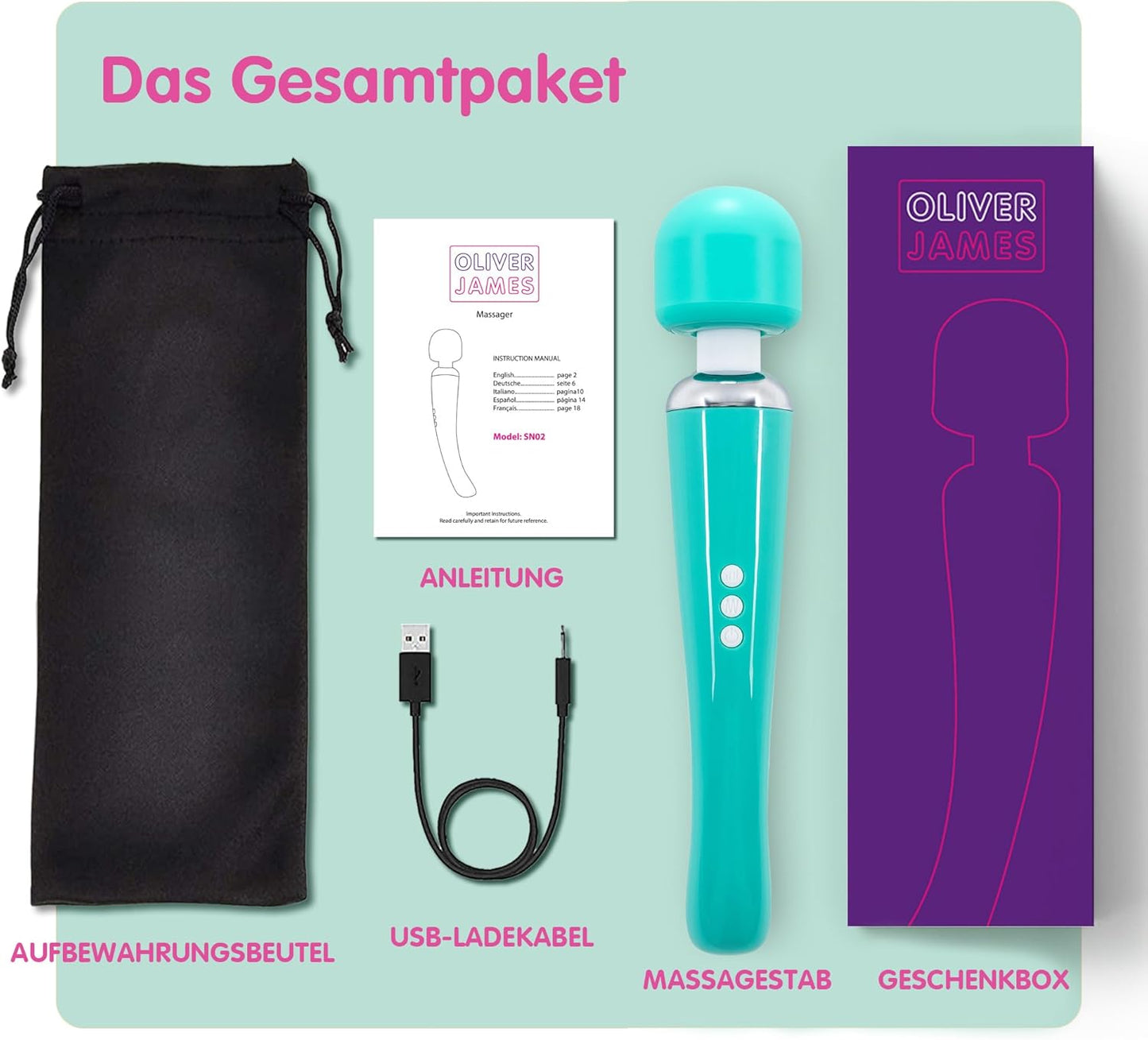 Wiederaufladbares Massagegerät mit 20 Modi und 8 Geschwindigkeiten, Gross Grün