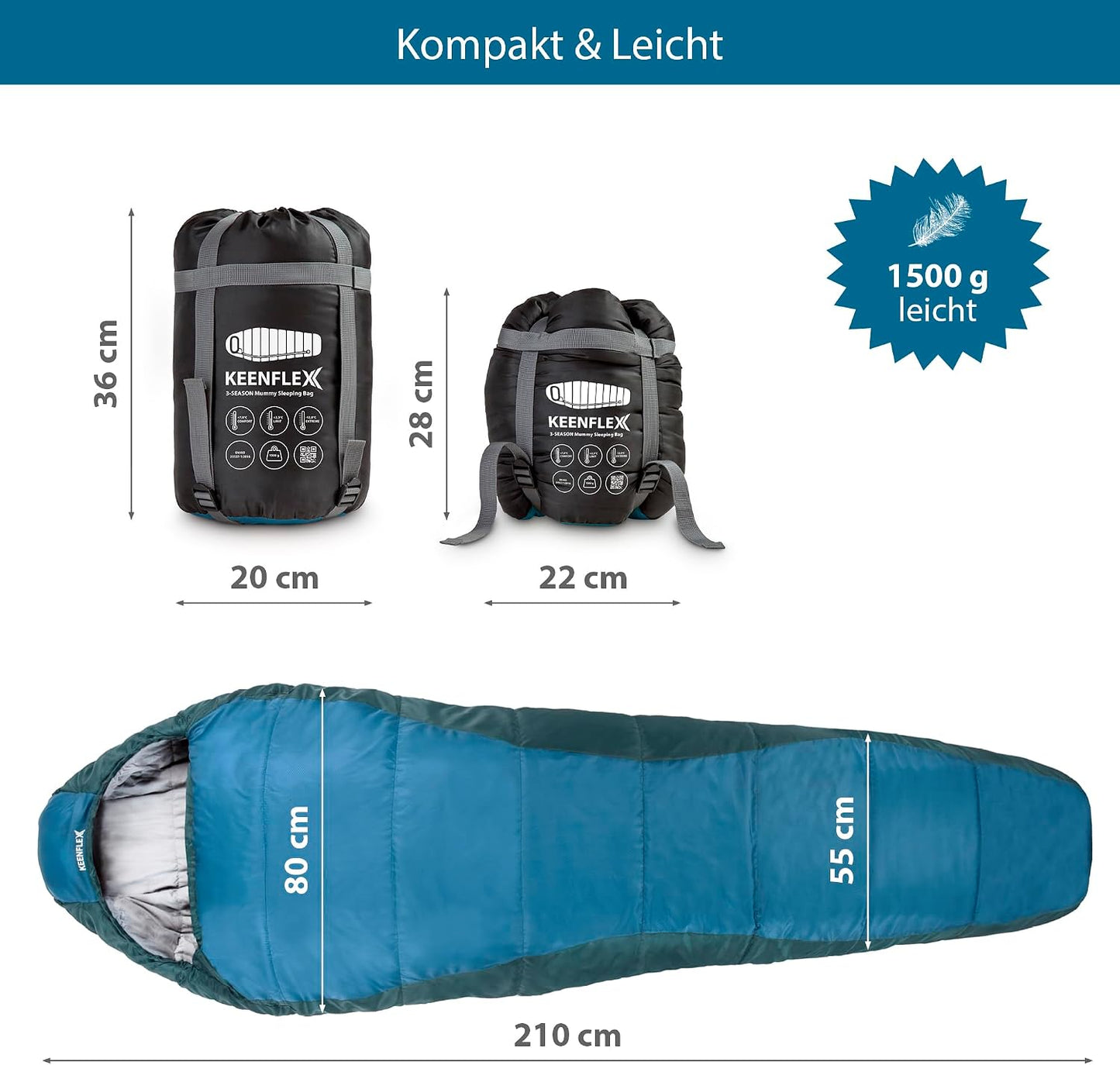 Ultraleichter Mumienschlafsack, 3 Jahreszeiten 1500g