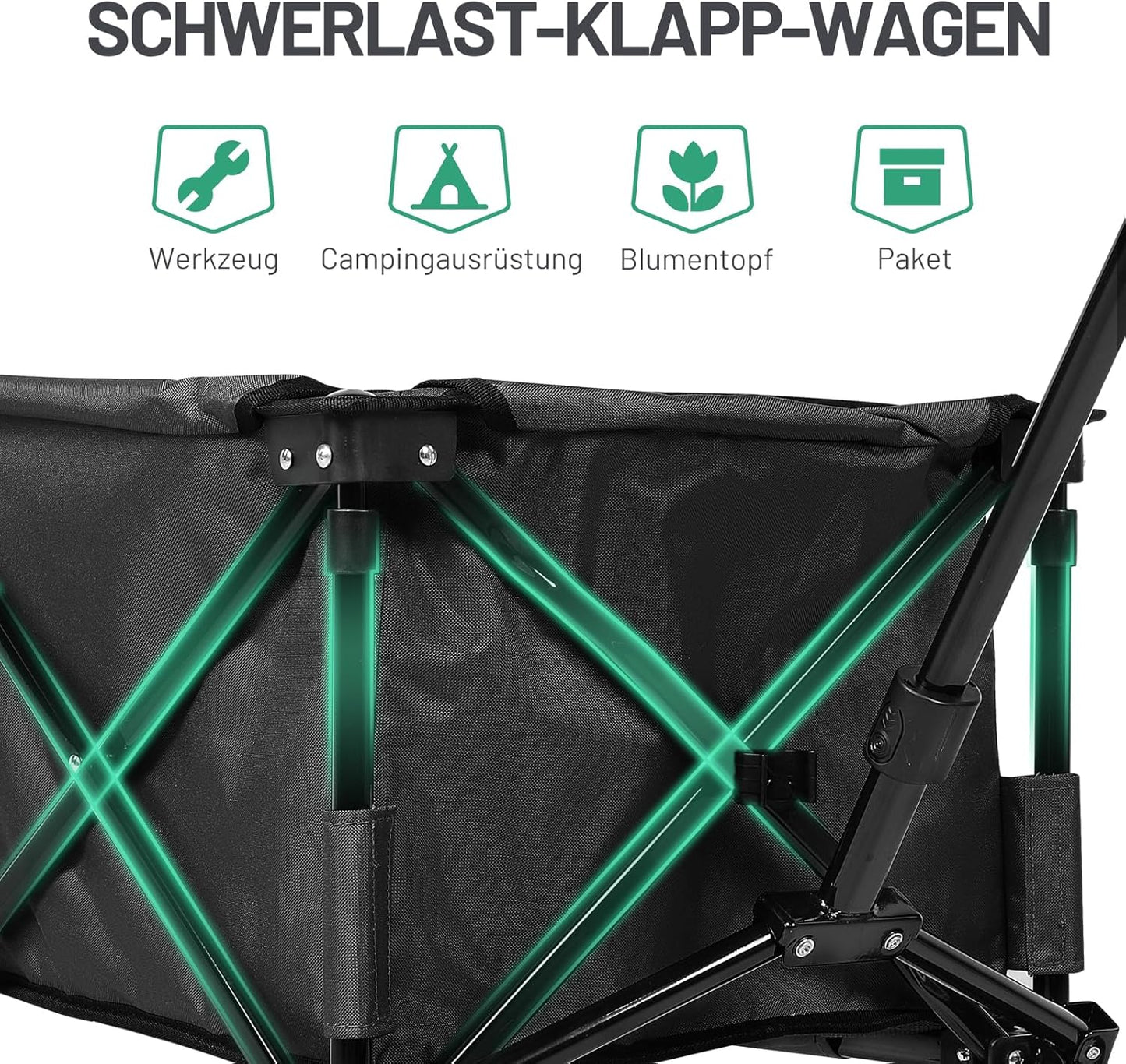 Faltbarer Bollerwagen mit verstellbarem Griff und Seitentaschen, Schwarz