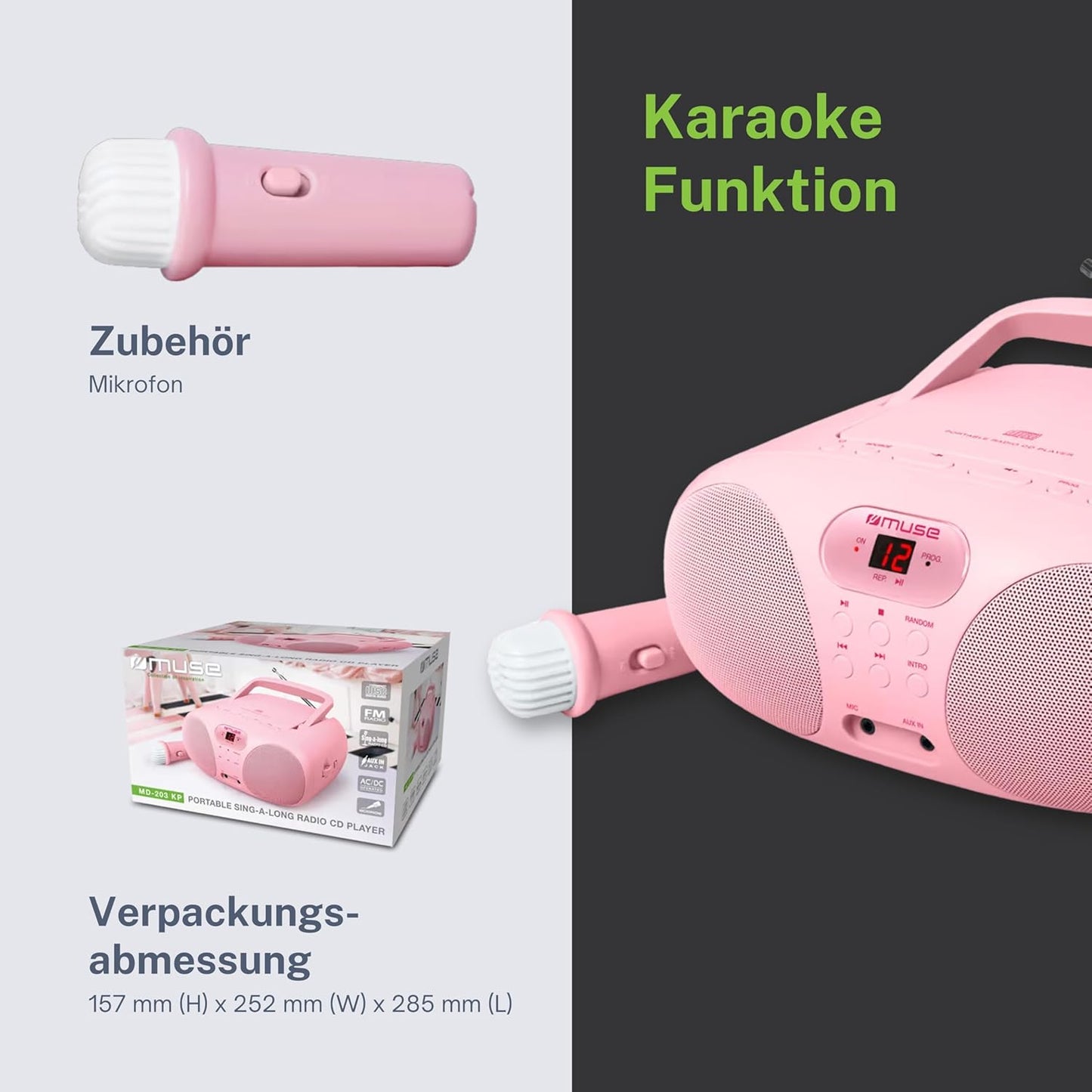 Radio und CD-Player mit Mikrofon und AUX-Anschluss, rosa
