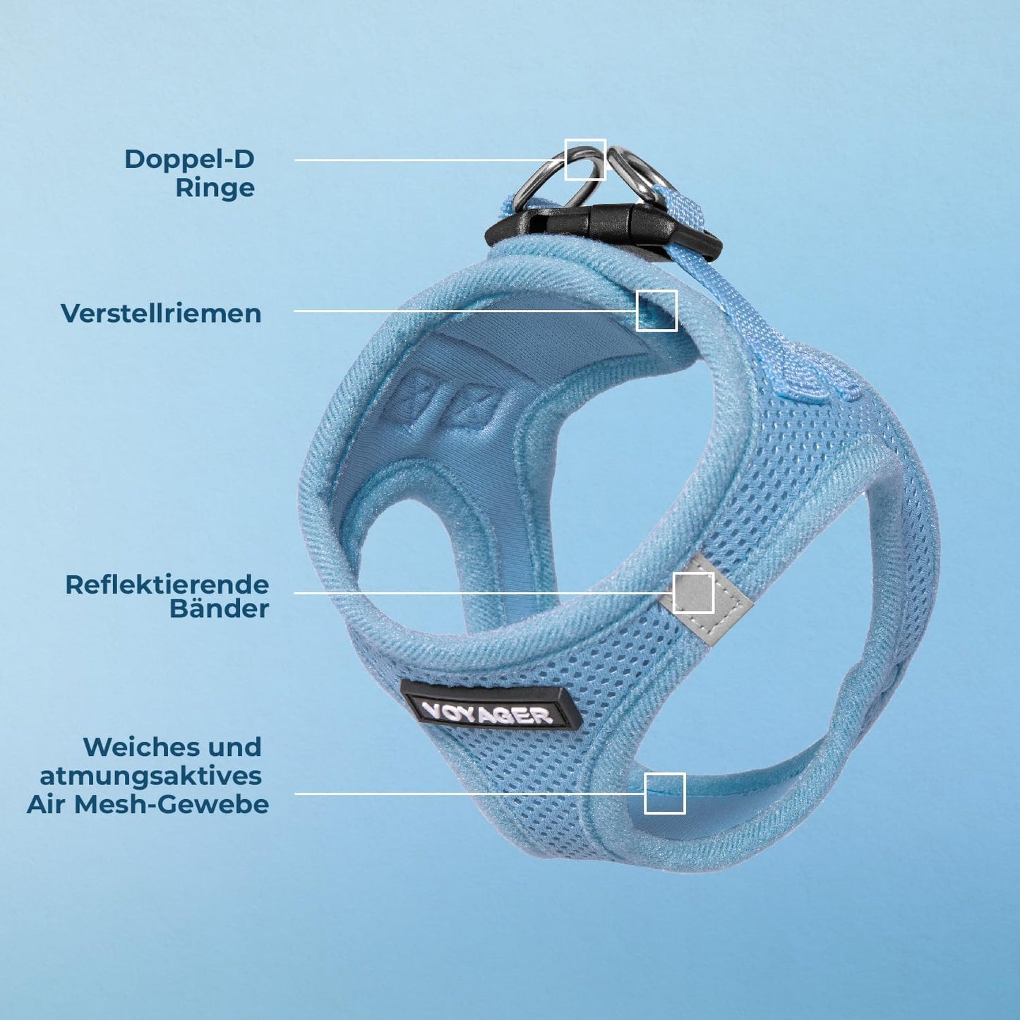 Voyager Hundegeschirr, M (Chest: 16 - 18") Babyblau mit passendem Saum