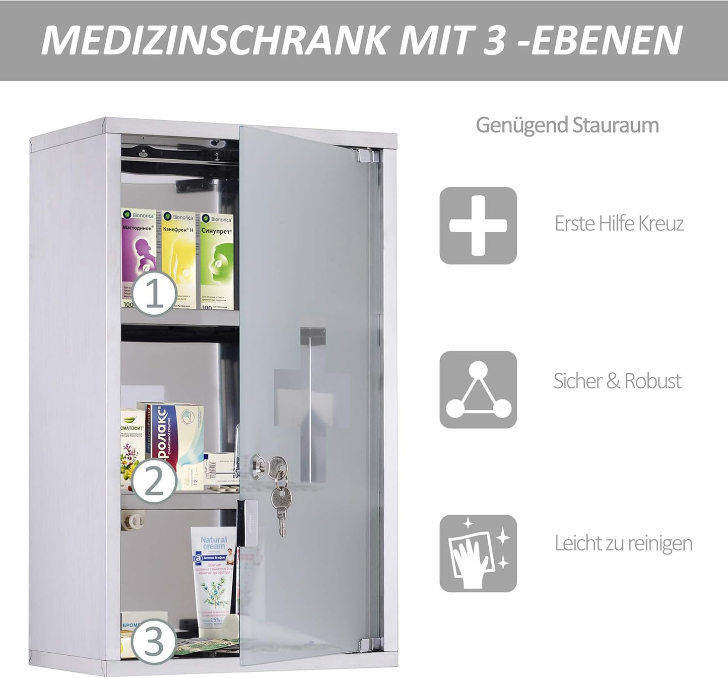 Abschliessbarer Medizinschrank mit Glastür, 3 Fächer, Silber B30 x T18 x H50 cm