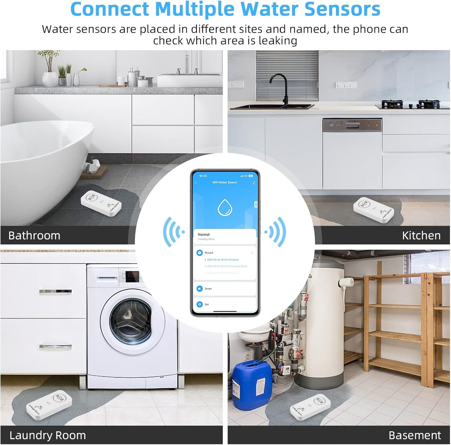 5er Set WLAN Wassermeldermit App Alarm, 5-teiliges Set