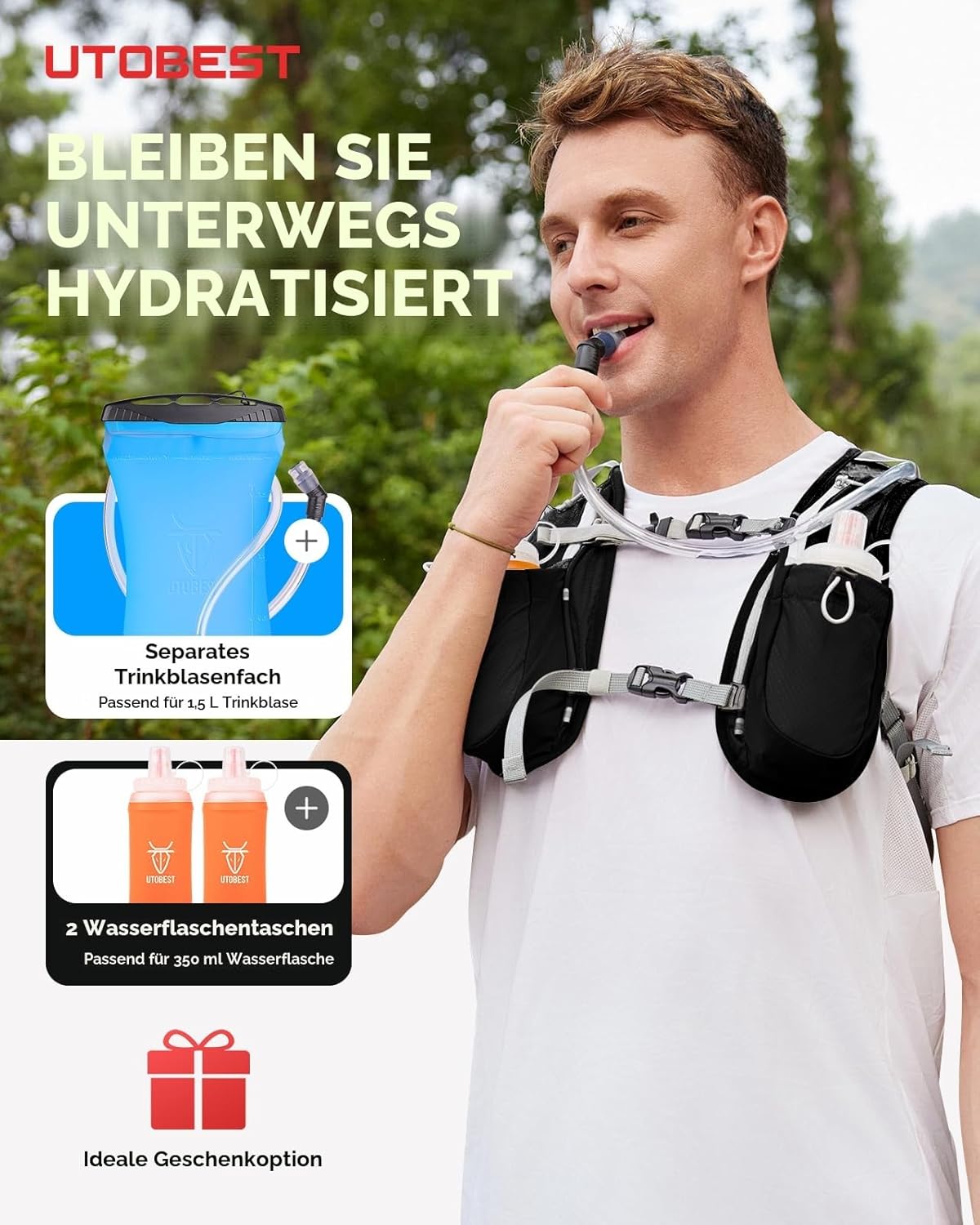 Trinkrucksack mit 1.5L Trinkblase, Schwarz mit 1.5L Trinkblase