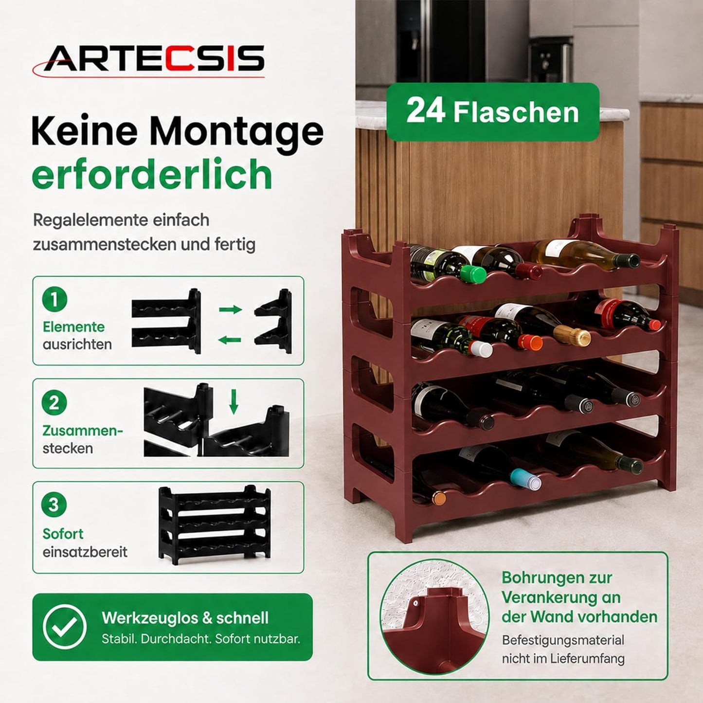 Modulares Weinregal für 24 Flaschen, Braun 24 Flaschen