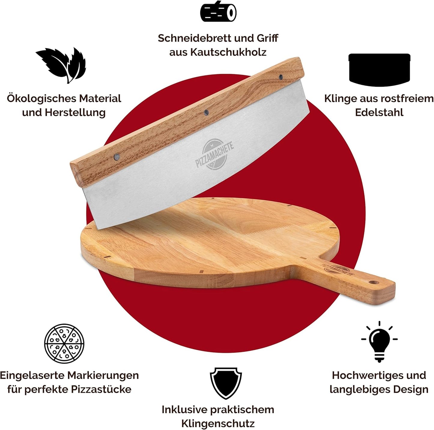 Pizzaschneider-Set mit Wiegemesser und Holzbrett