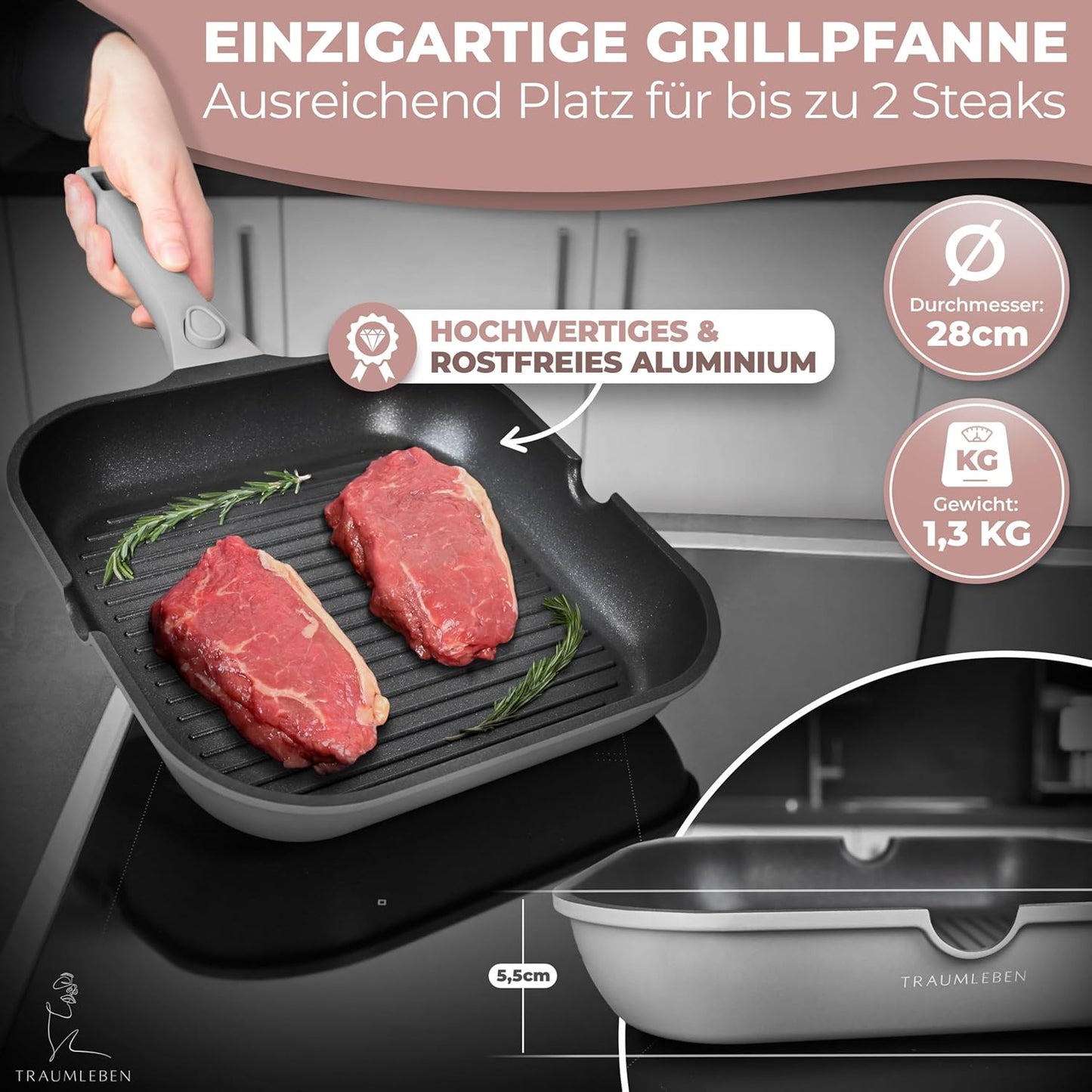 Grillpfanne mit Ausguss & abnehmbarem Griff, Grau