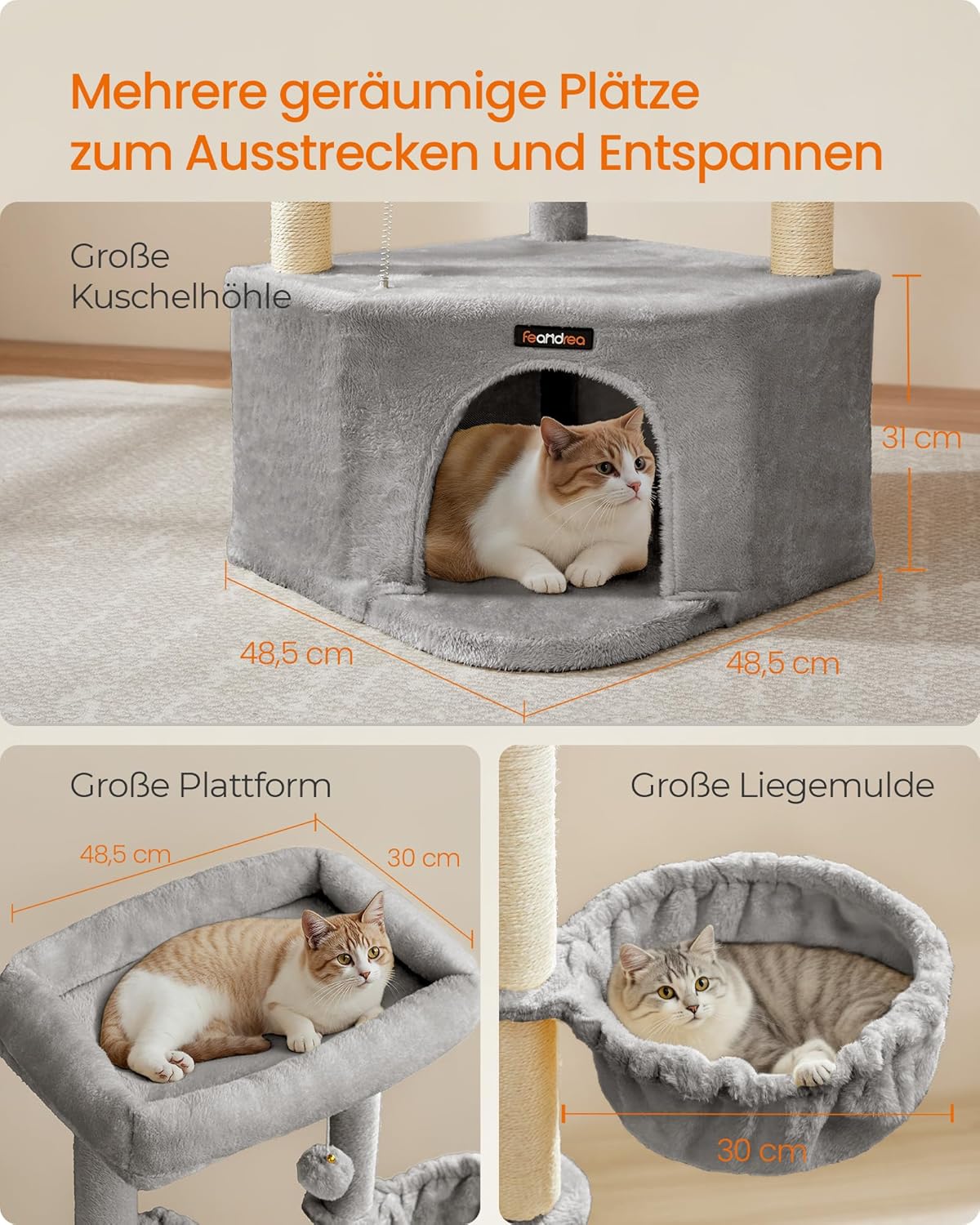 Katzenkratzbaum mit Kuschelhöhle und Plattformen, taubengrau