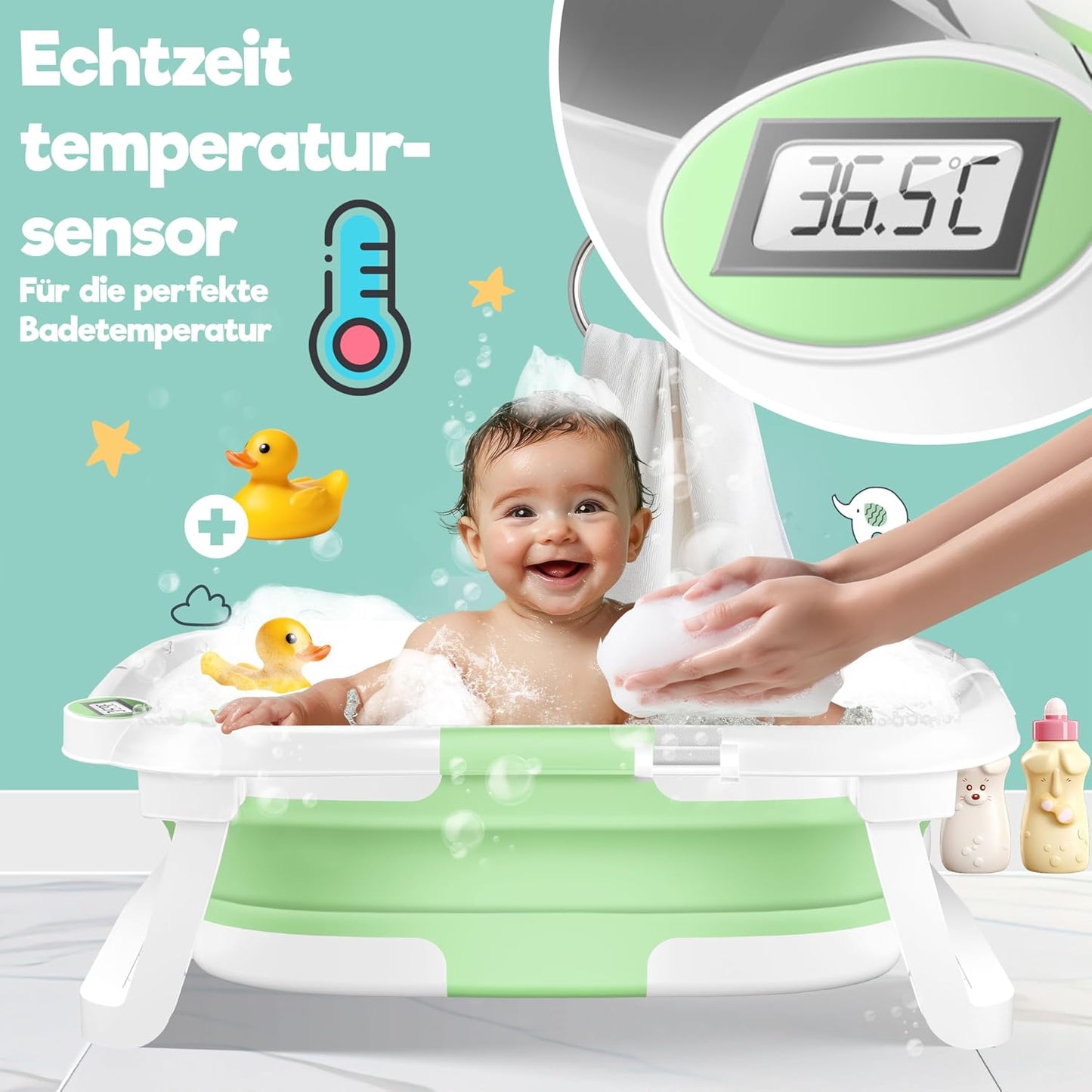 Faltbare Babybadewanne mit Thermostat & Kissen, Grün