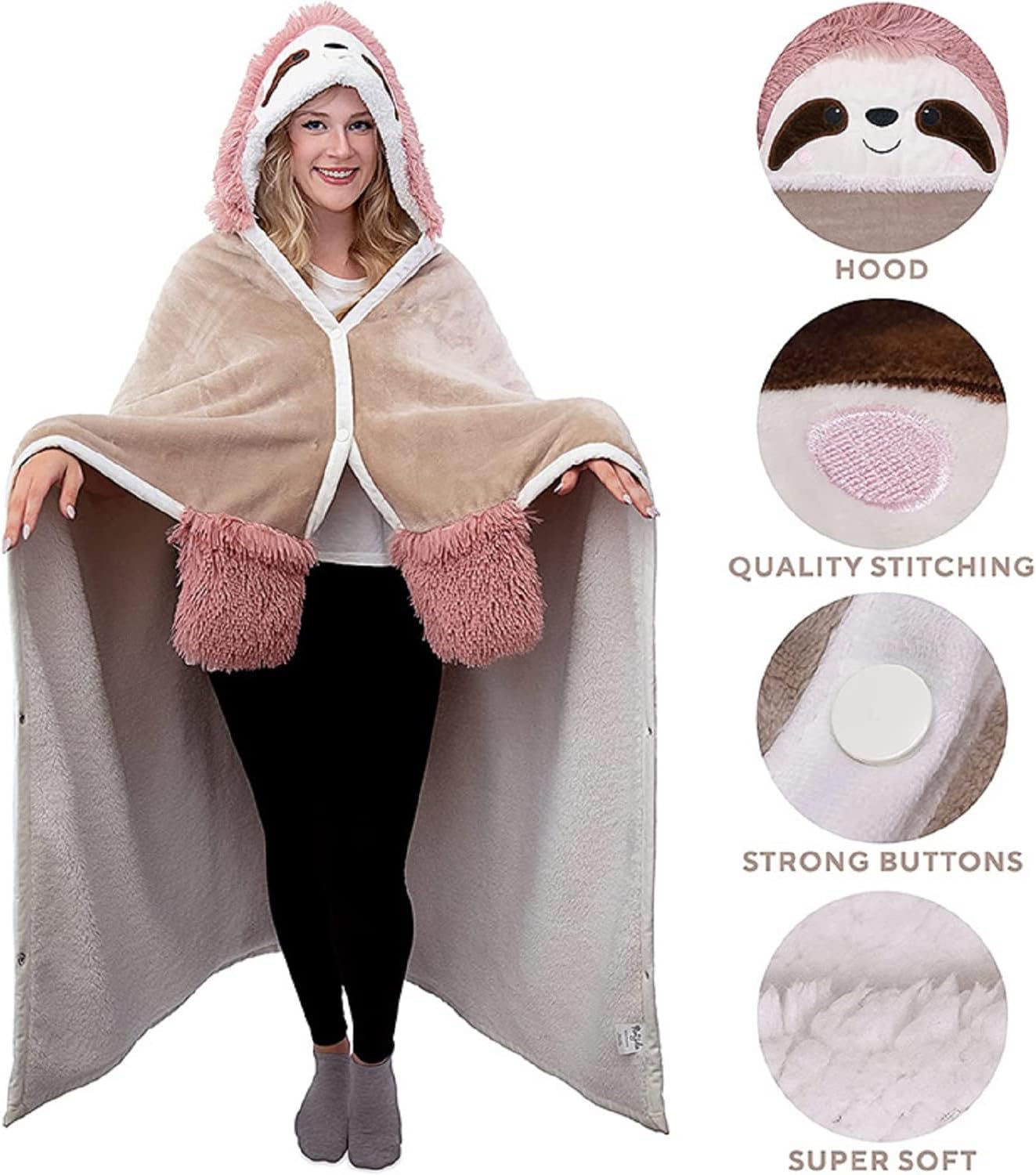 Kuscheldecke mit Faultier-Motiv, Rosa