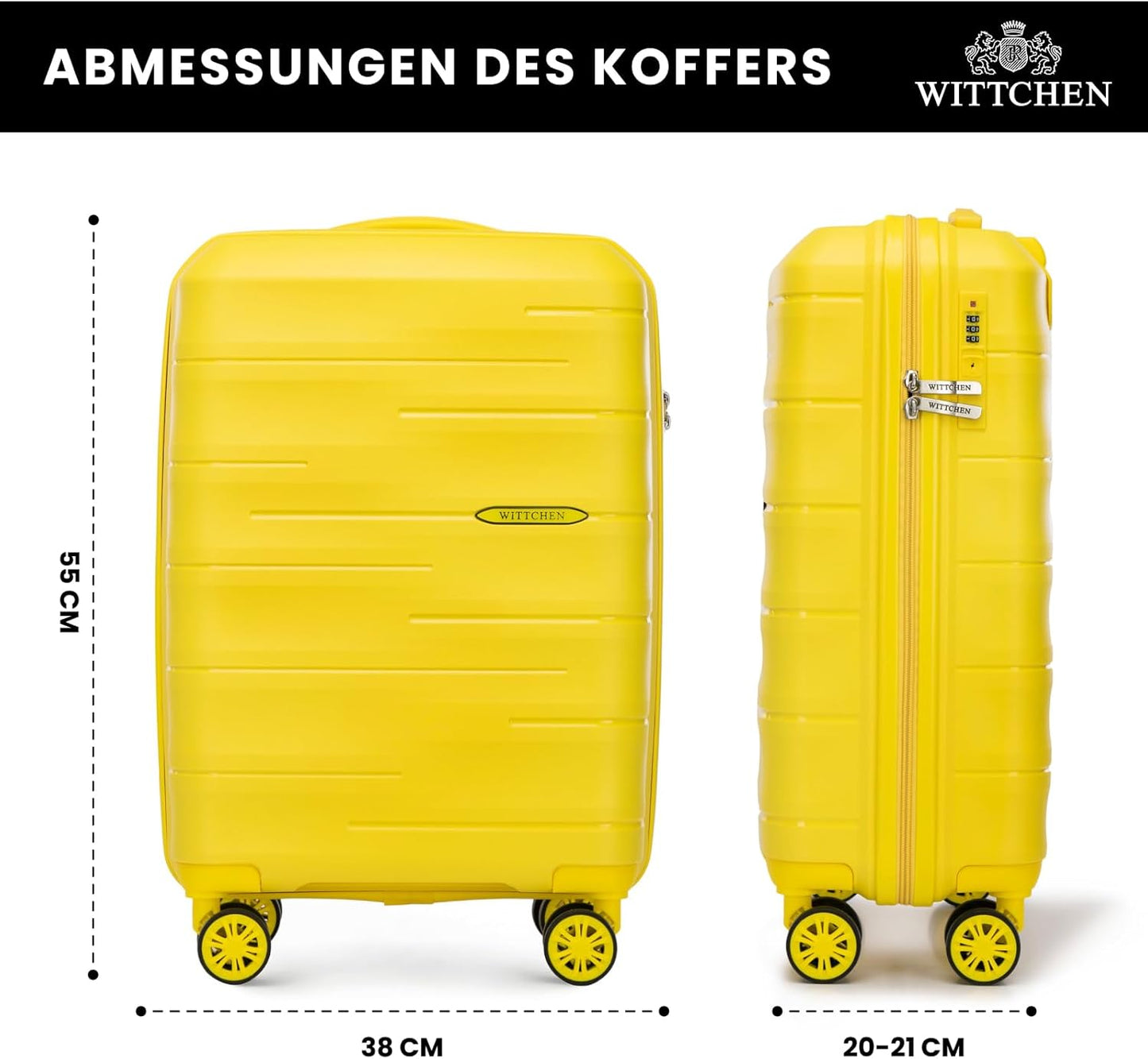 ARCO Kabinenkoffer mit TSA-Schloss und 4 Rollen, Gelb 55 x 38 x 20 cm