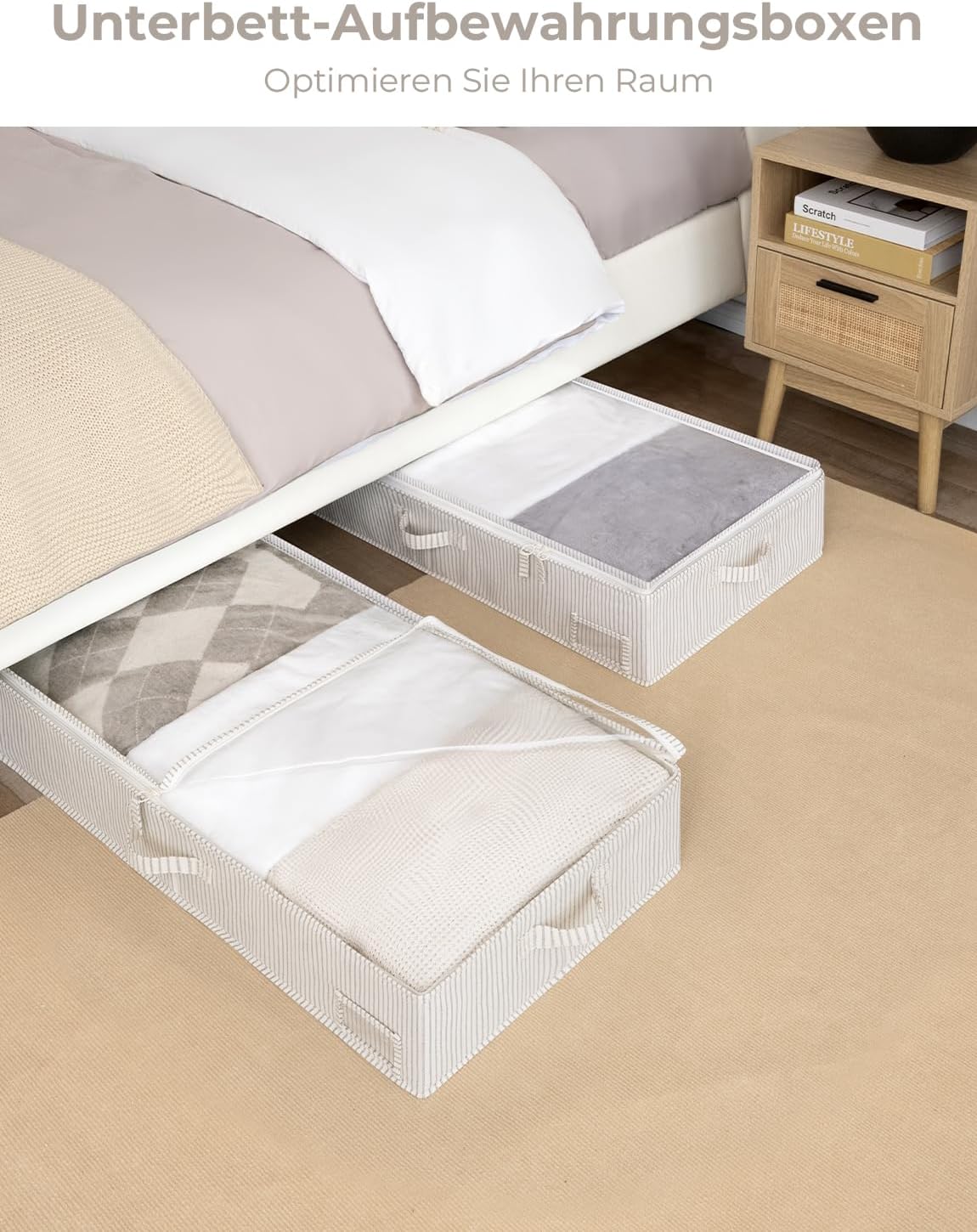 Unterbett Aufbewahrungsboxen-Set (2 Stück, faltbar), 84 x 43 x 15 cm Graue und Weisse Streifen