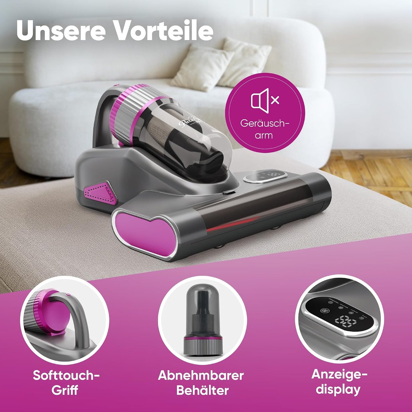 3-in-1 Milbensauger mit UV-Licht & HEPA Filter, Grauxl
