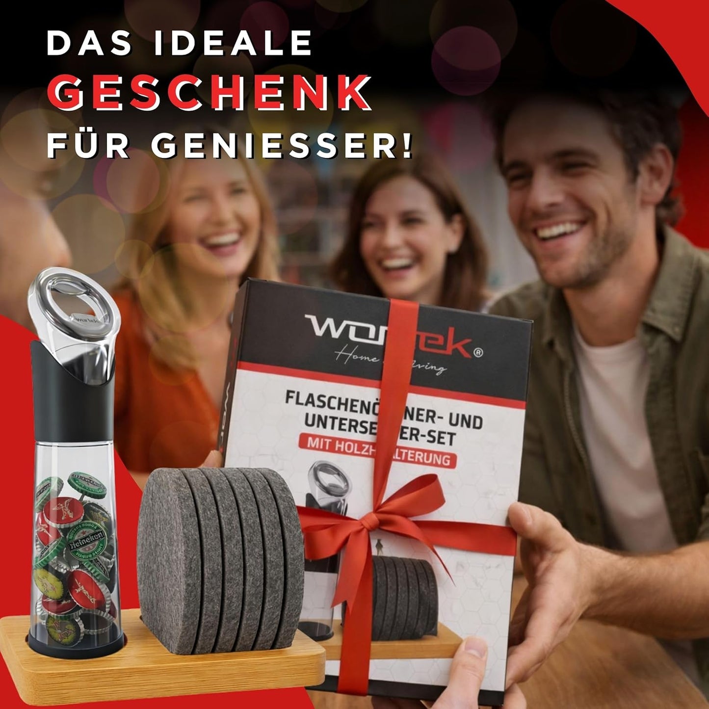 Flaschenöffner mit Auffangbehälter, Untersetzer-Set und Halterung, Mit Halterung