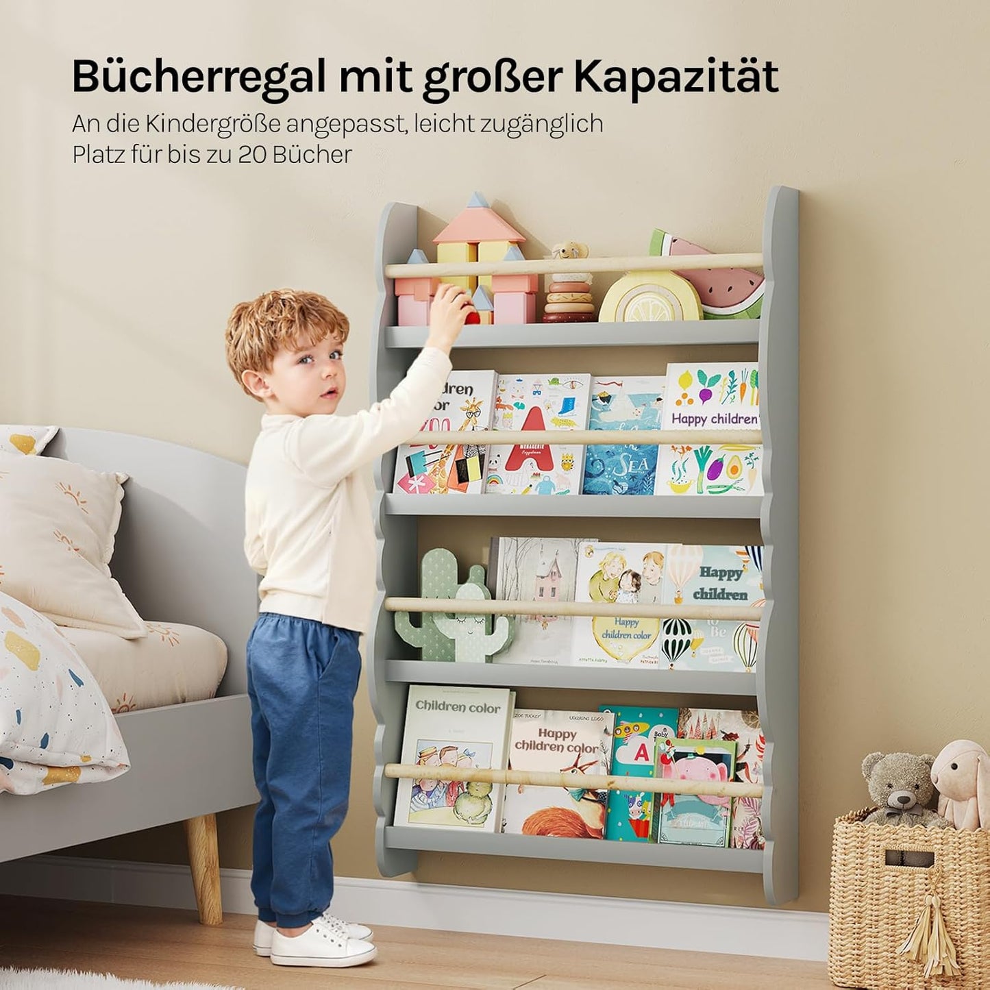 Kinderbücherregal mit 4 Ablagen, Grau 60x98cm