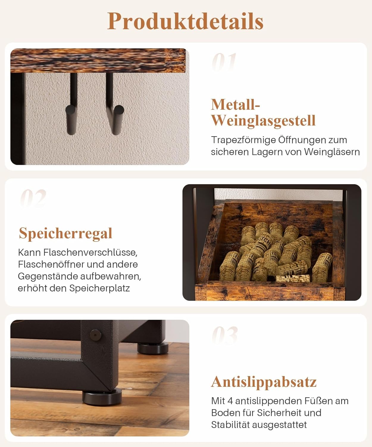 Freistehendes Weinregal für 15 Flaschen mit Glashaltern