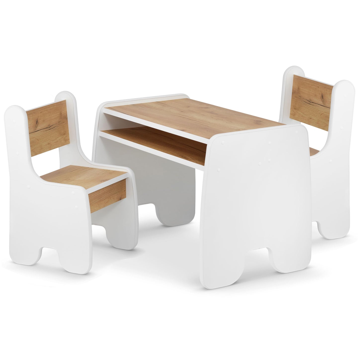Kindertisch & Stühle-Set für Kinderzimmer, 2 Stühle und Tisch Weiss + Eiche