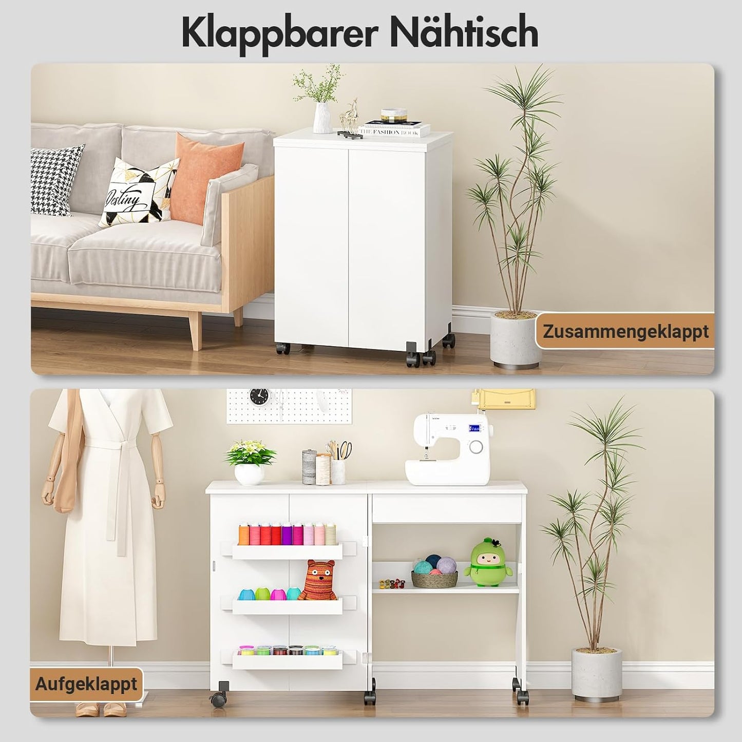 Klappbarer Nähtisch mit Ablagefächern, Weiß