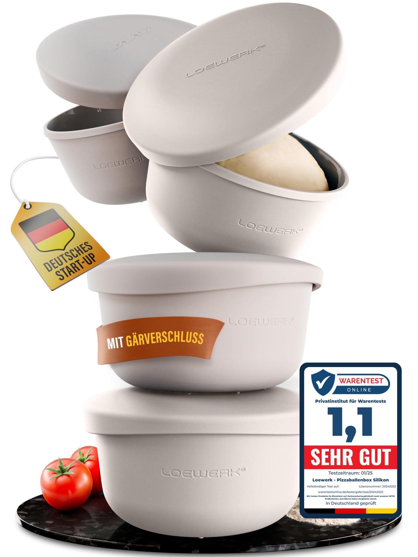 4er-Set Pizzaballenbox mit Deckel, 4 Stück grau