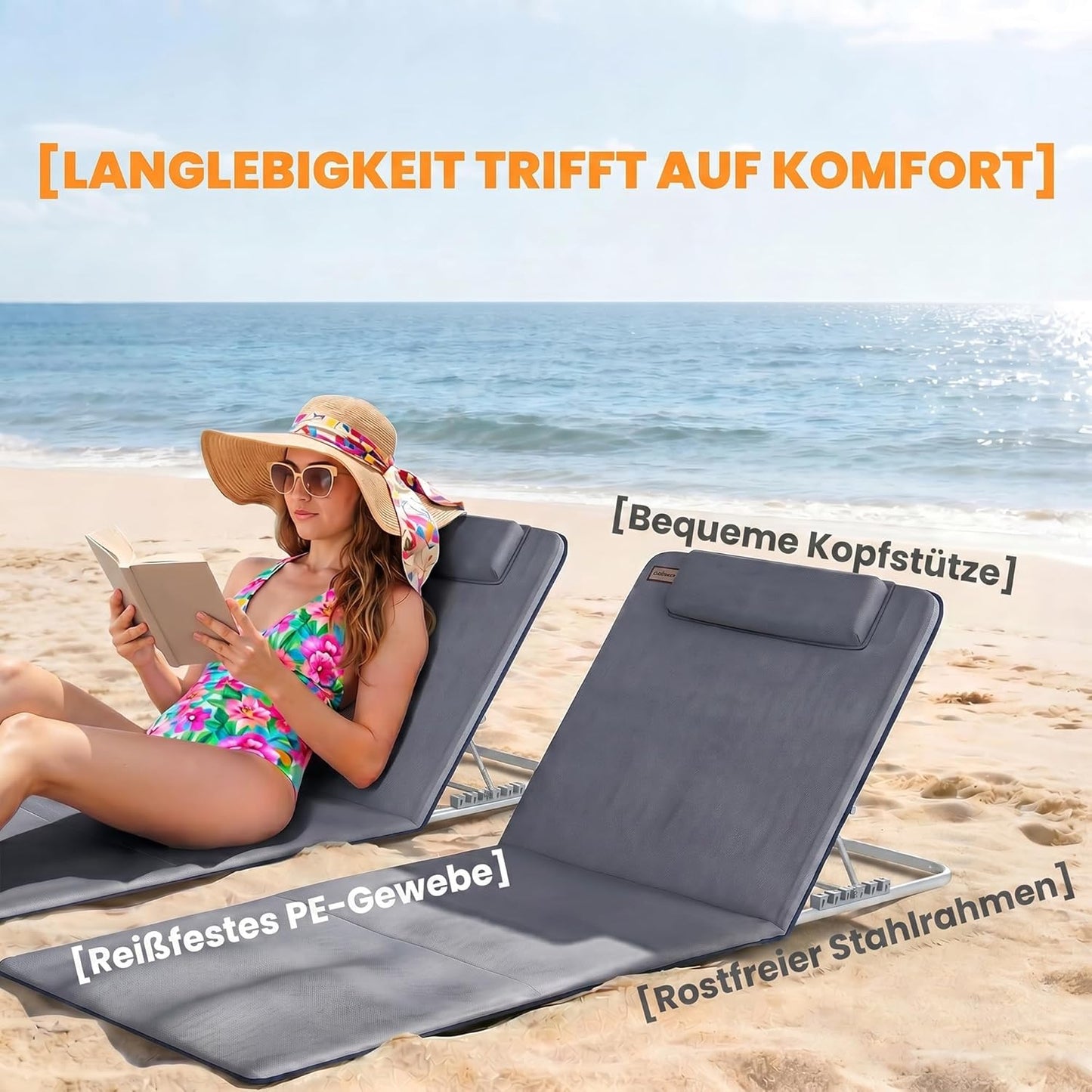 2er-Set Faltbare Strandmatratze mit Tragetasche, Grau