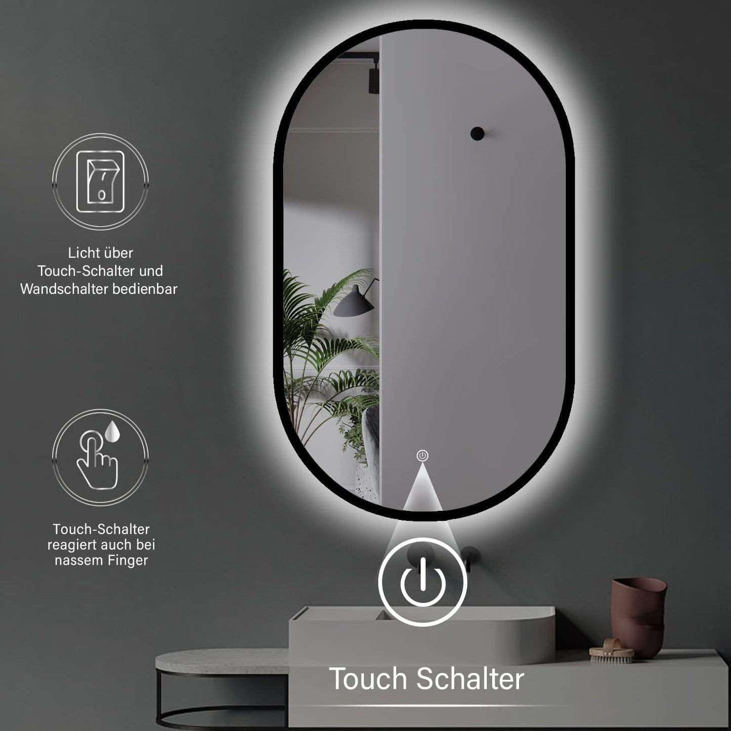 Ovaler Badspiegel mit LED-Beleuchtung und Touch-Schalter, Schwarz + Oval ; 75L x 45B cm