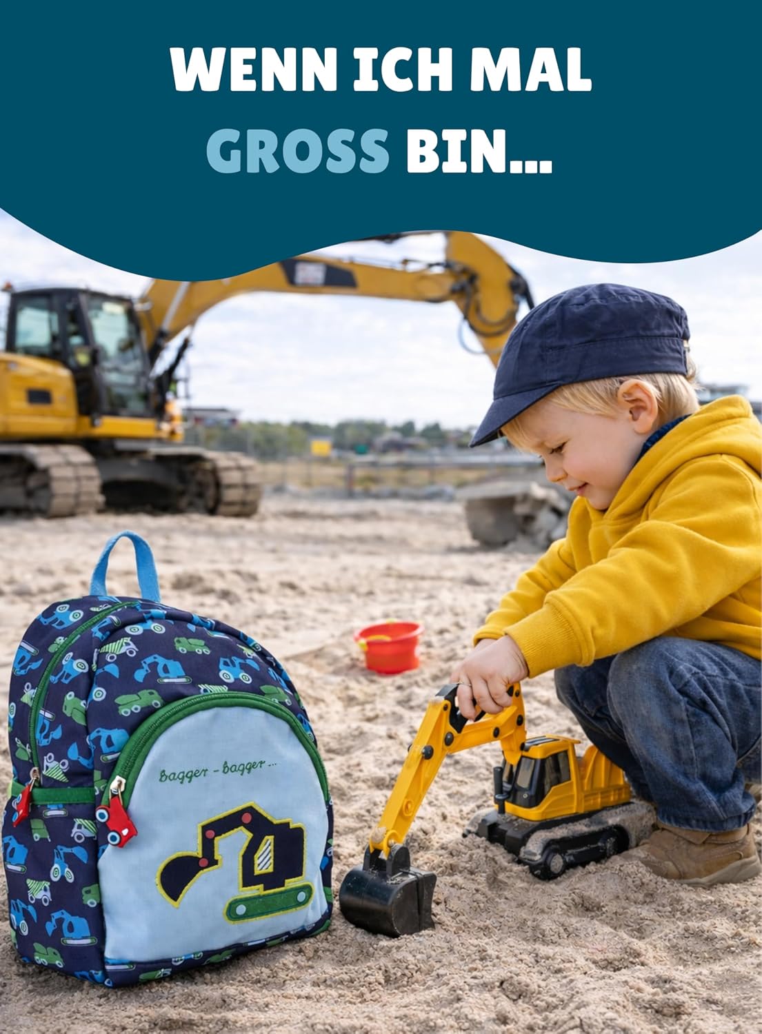 4-teiliges Kindergartenrucksack-Set, Bagger - Grün & Blau Rucksack-Set