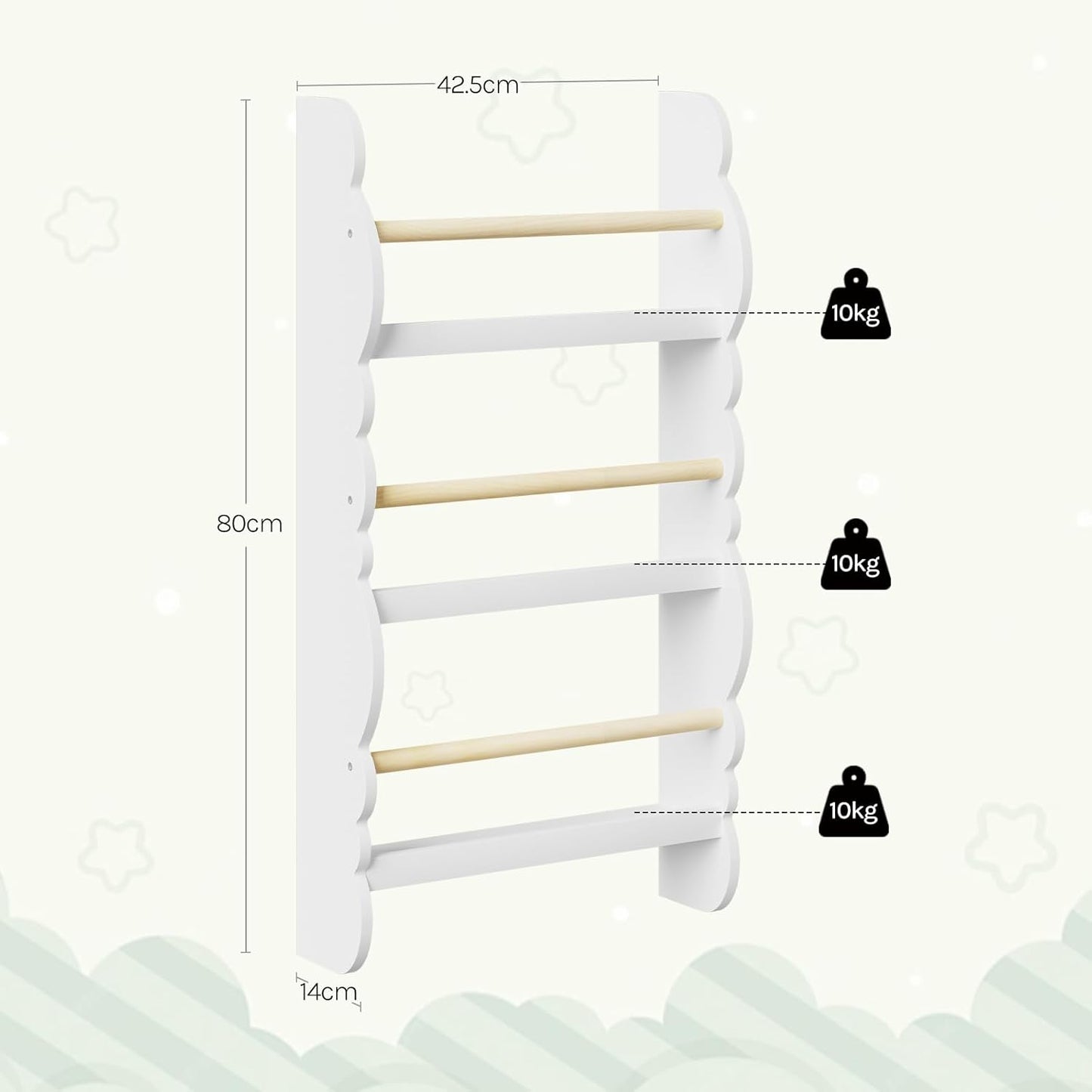 Kinder Bücherregal Wand mit 3 Ablagen, Weiß 42.5x80cm