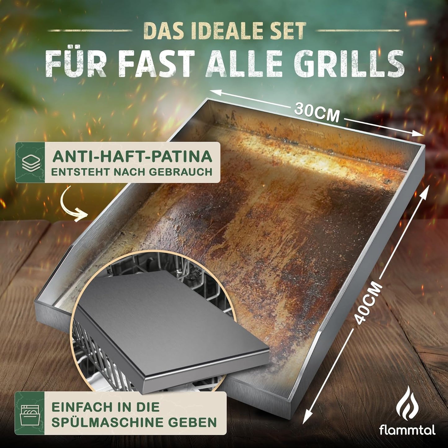 Edelstahl-Grillplatte mit Spachtel & Burgerpapier, Geschlossen (40x30cm)