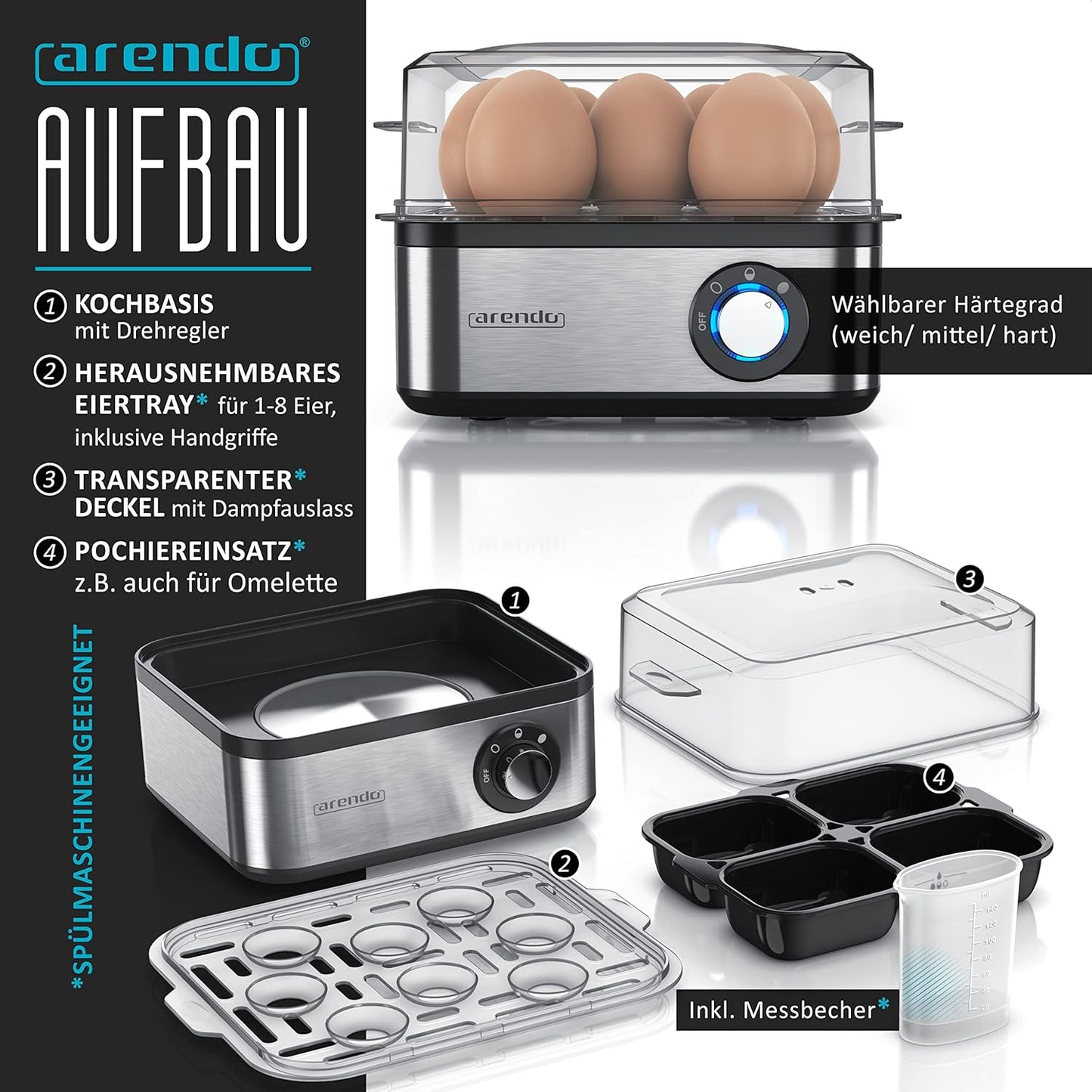 3-teiliges Frühstücks-Set: Wasserkocher, Toaster & Eierkocher, B: Silber