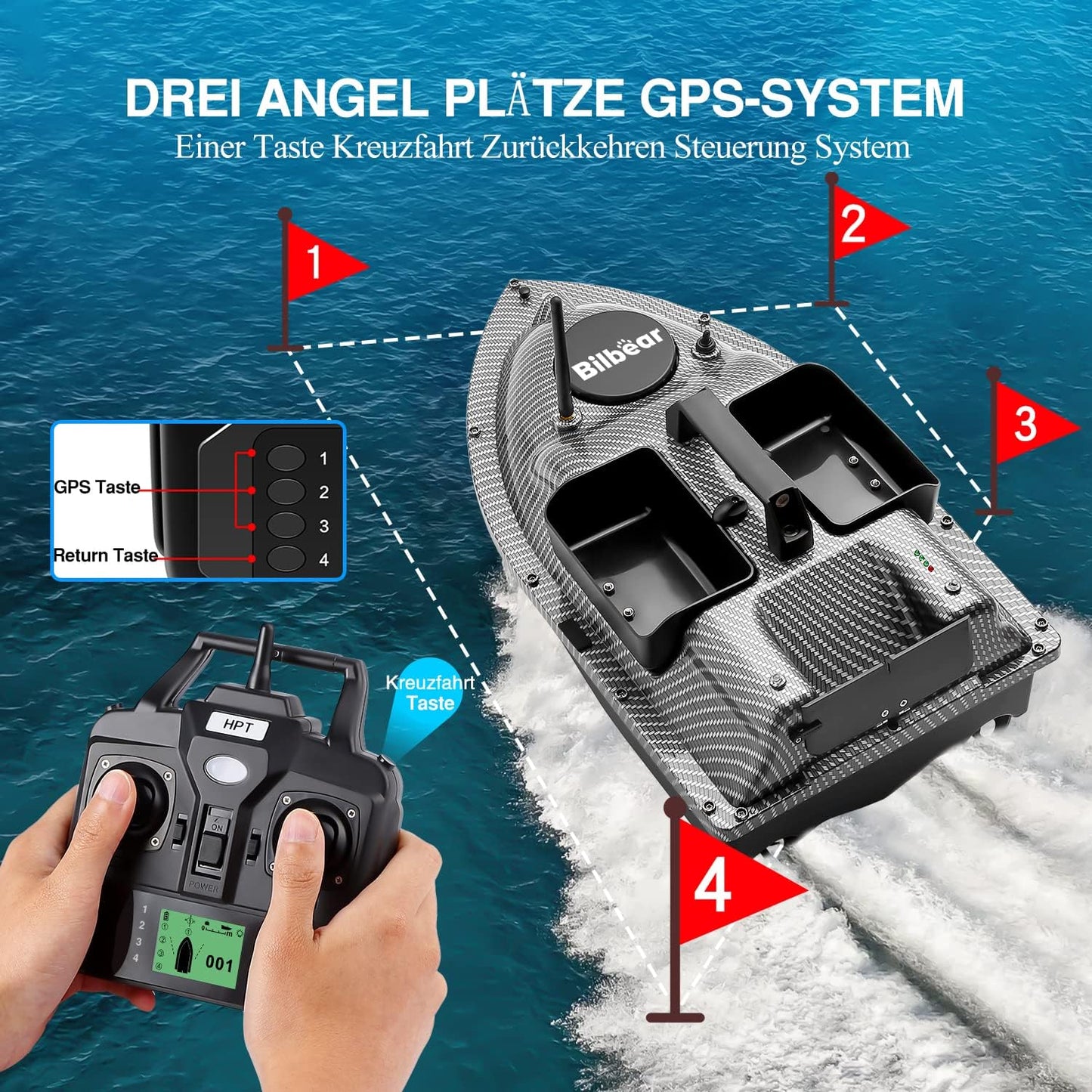 RC Futterboot fürs Karpfenangeln – mit GPS & 3 Futtertrichtern, Kohlenschwarz Boot