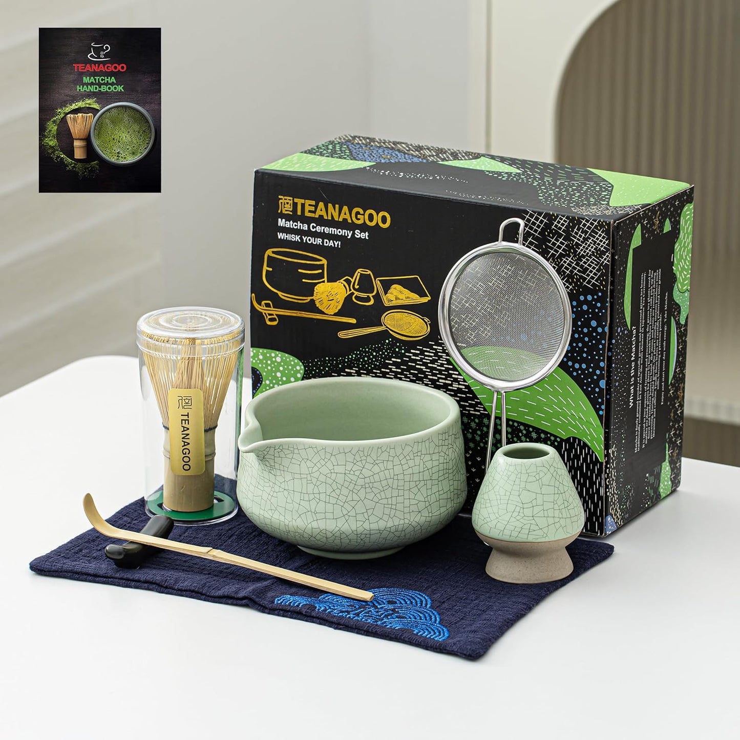 7-teiliges Matcha Teezeremonie-Set, Hellgrün mit Schwarzer Naht