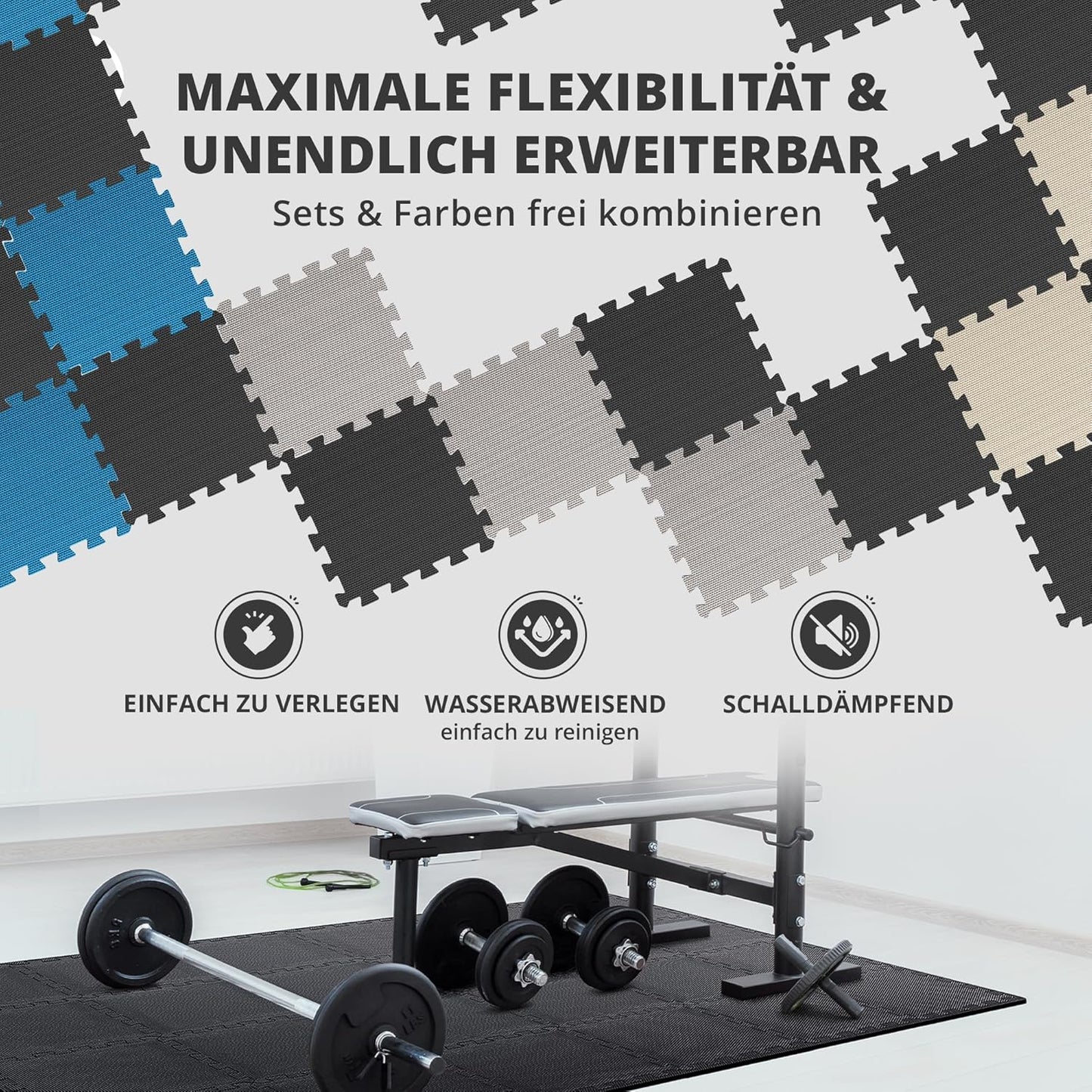 18-teiliges Schutzmatten-Set für Sport und Fitness, Azur | 18 Matten | 1,67 M², 32L x 32B x 1D cm