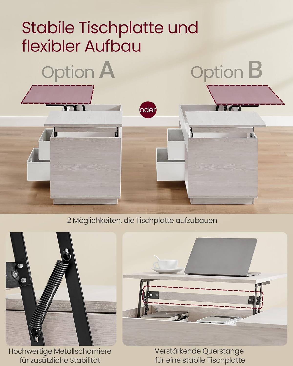 Höhenverstellbarer Couchtisch mit Stauraum, Haferflockenbeige