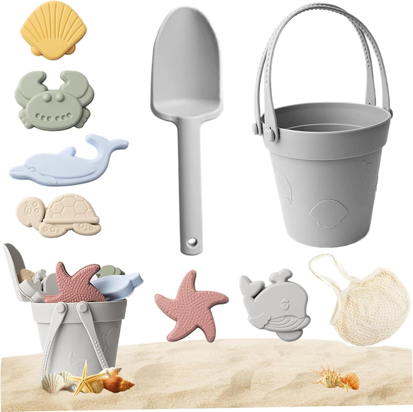 Silikon-Strandspielzeug-Set (8 Teile) für Kinder, Grau