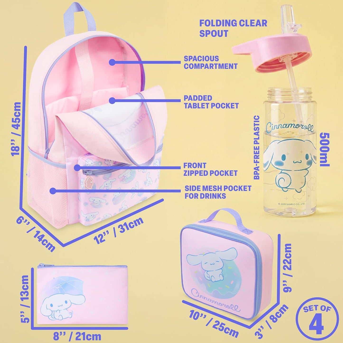Kinderrucksack-Set mit Trinkflasche & Lunchtasche, Multi Cinnamoroll