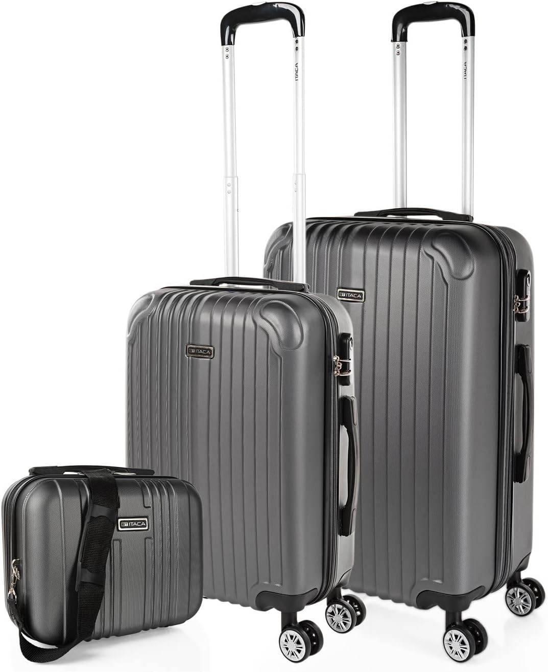 3-teiliges Hartschalenkoffer-Set mit Beautycase und Rollen, Antrazit S + M + XS