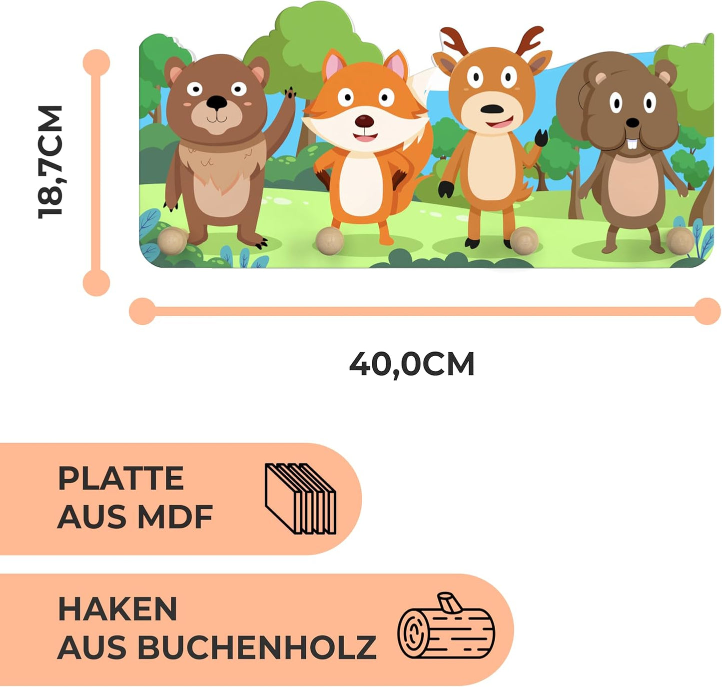 Kindergarderobe aus Holz mit 4 Haken (Wald-Design), Wald