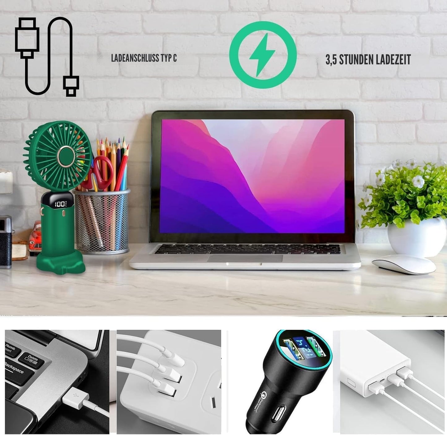 Tragbarer Mini-Handventilator, faltbar, USB-betrieben, Grün