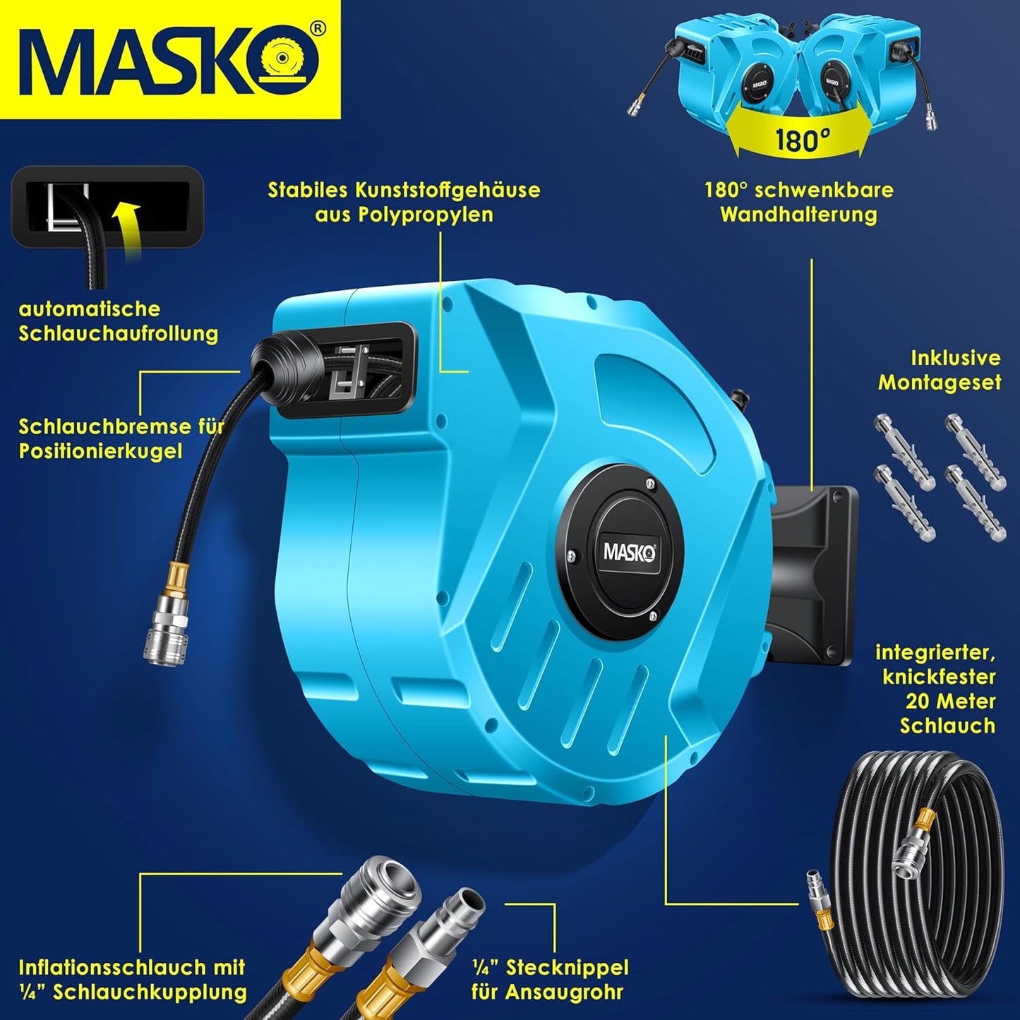 Automatik Druckluftschlauch-Aufroller, 20m Blau