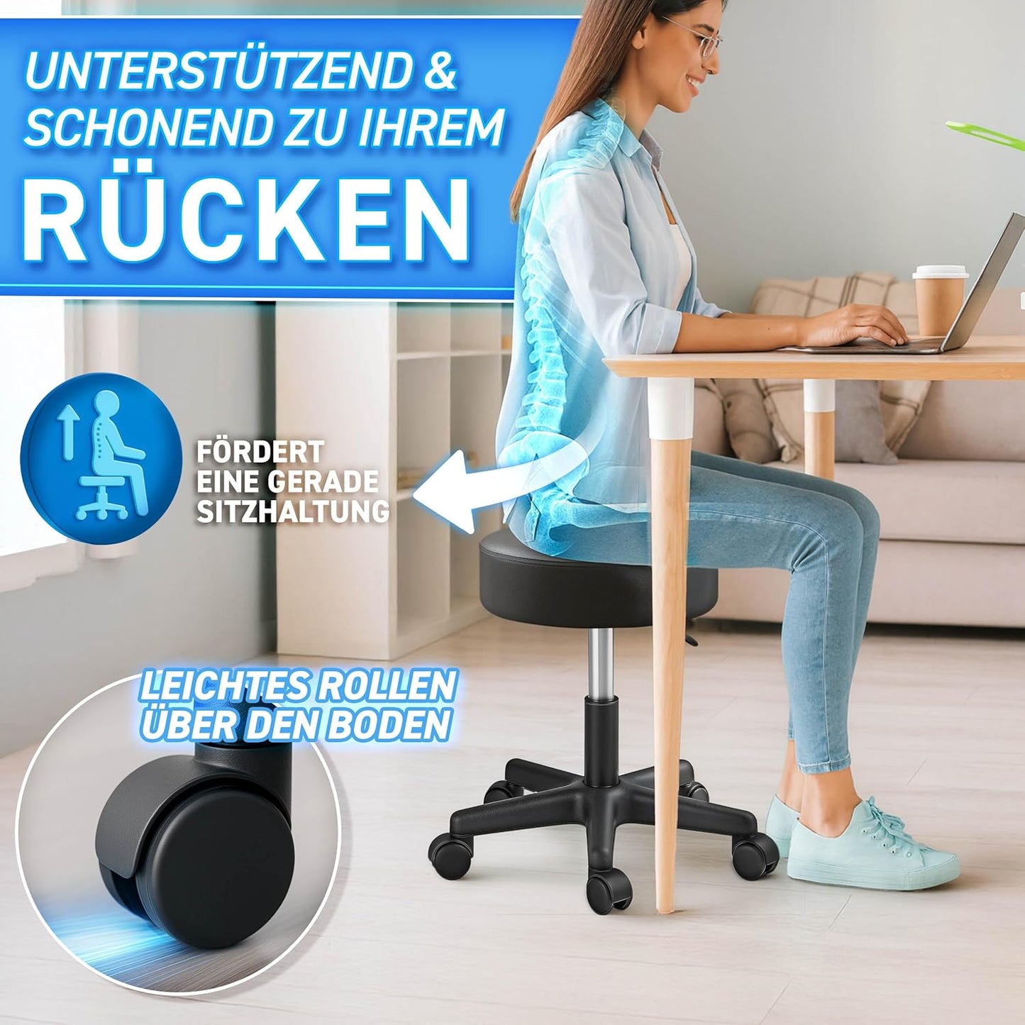 Höhenverstellbarer Rollhocker, Schwarz Matt